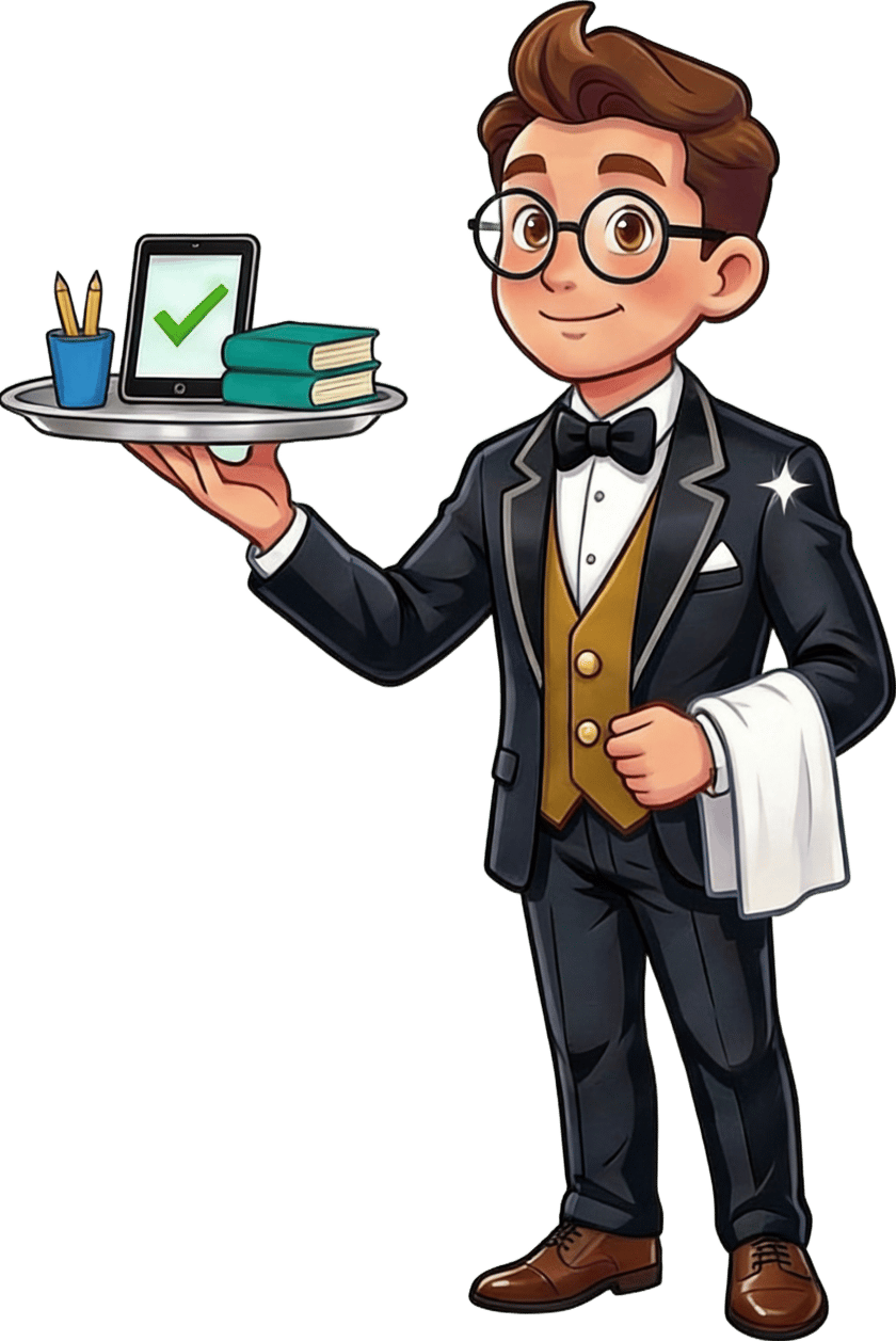 The Study Butler, a composed young butler holding a silver tray of books and a tablet.