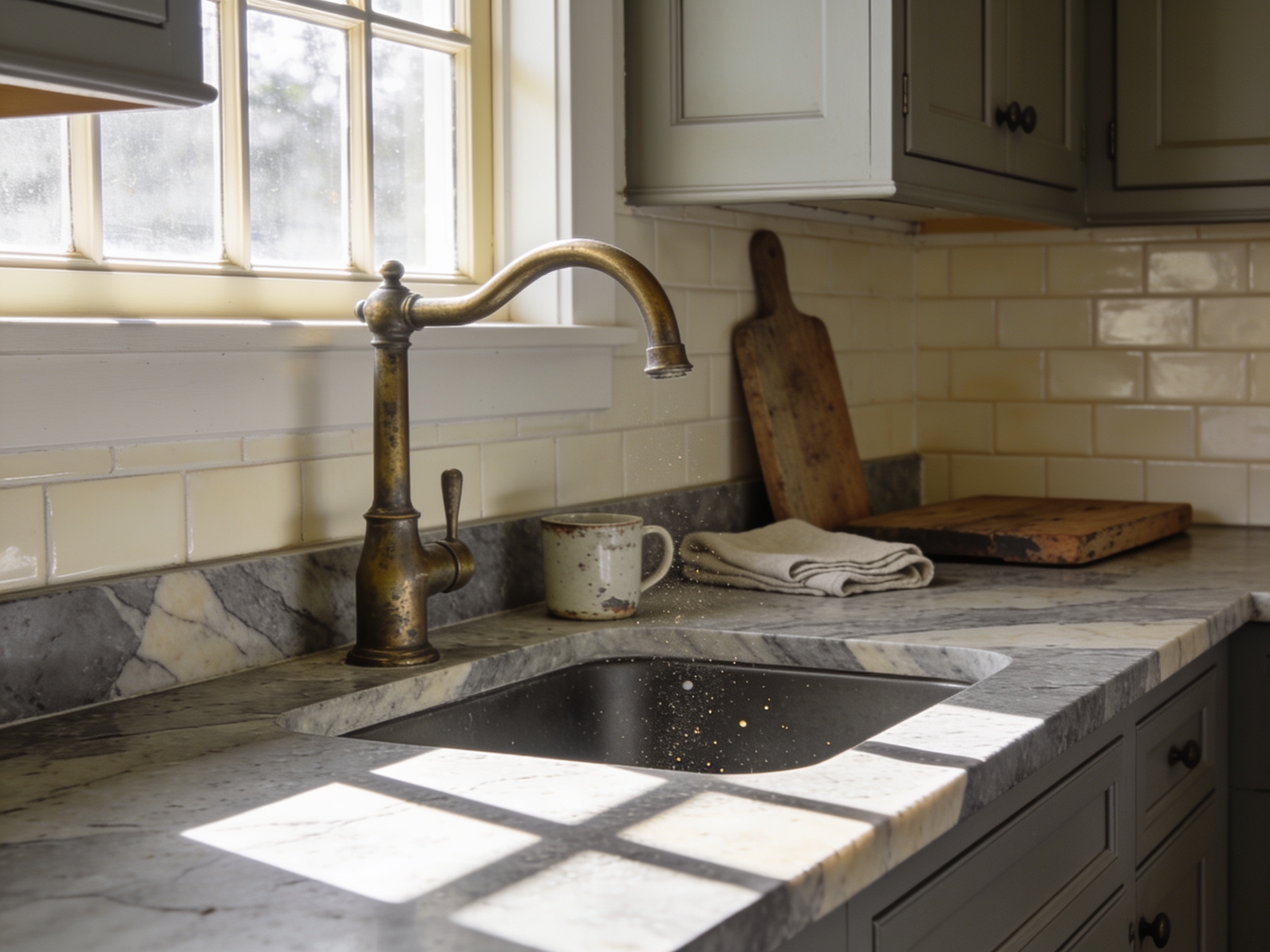 Quartzite countertop under a bright kitchen window