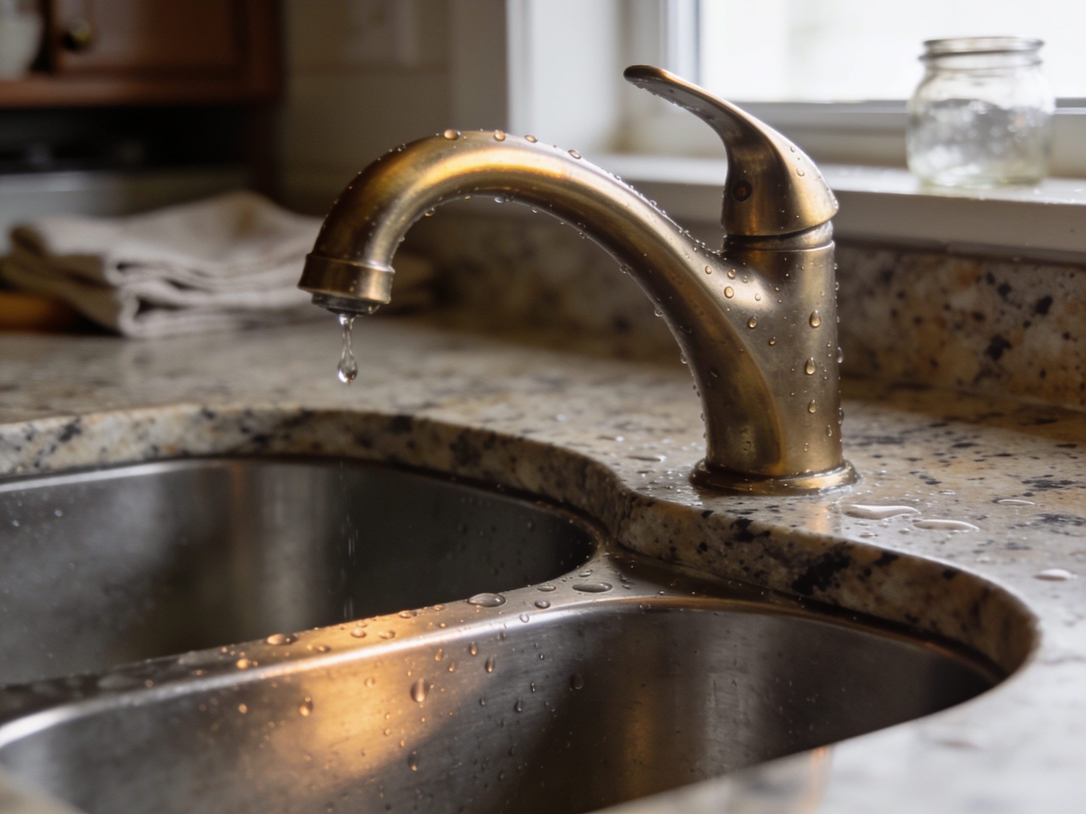 Undermount sink set into a polished granite countertop