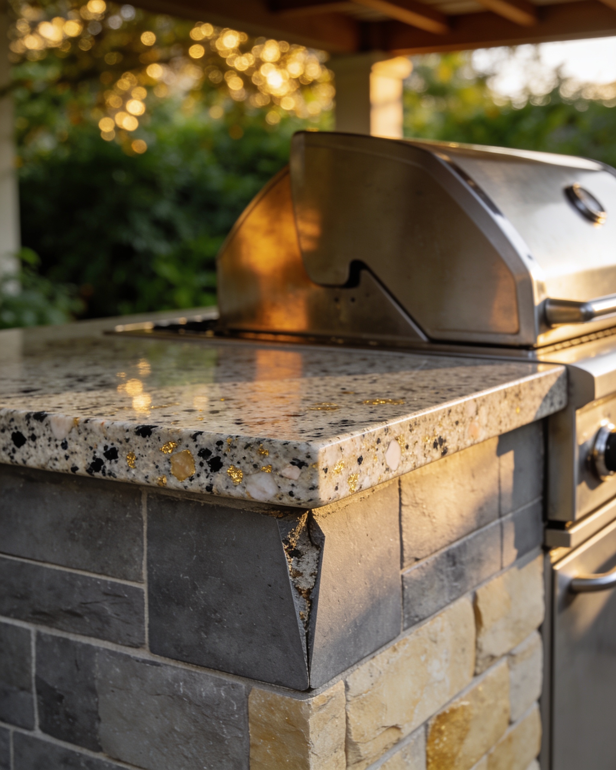 Outdoor kitchen countertop in quartzite built for East Texas weather