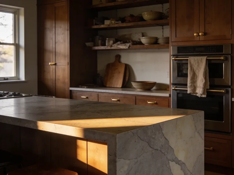 Leathered quartzite countertop beside walnut cabinets