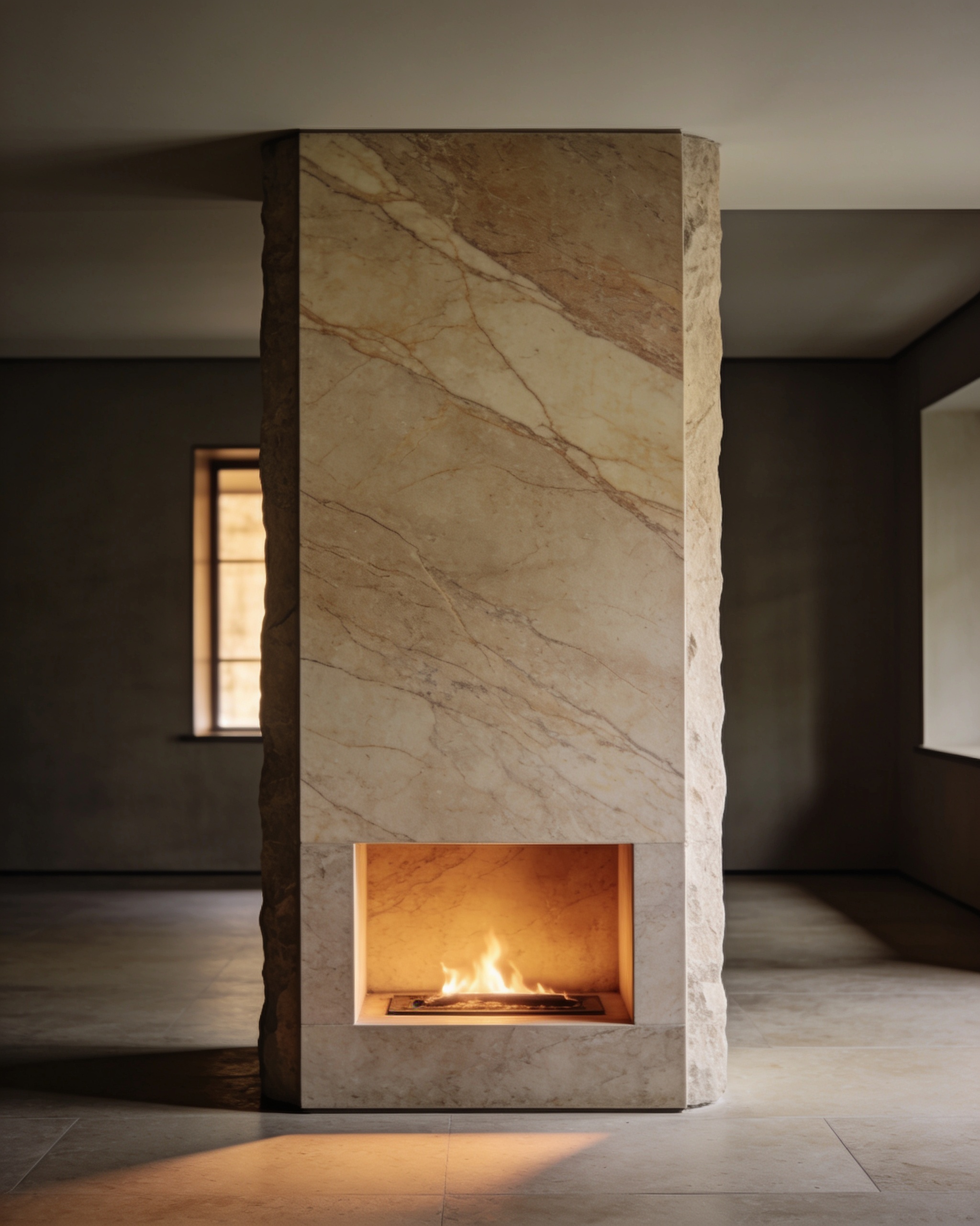 Stone fireplace surround in honed marble