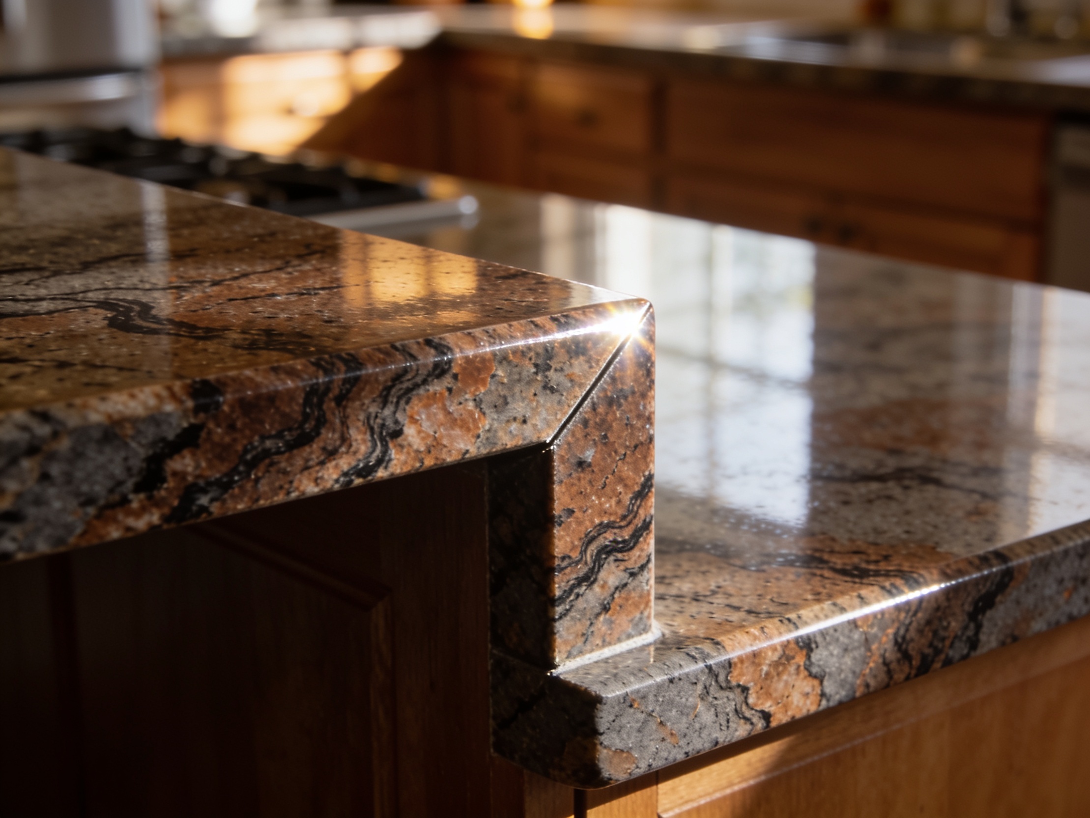 Waterfall edge detail on a quartzite kitchen island