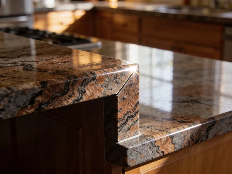 Waterfall edge detail on a quartzite kitchen island