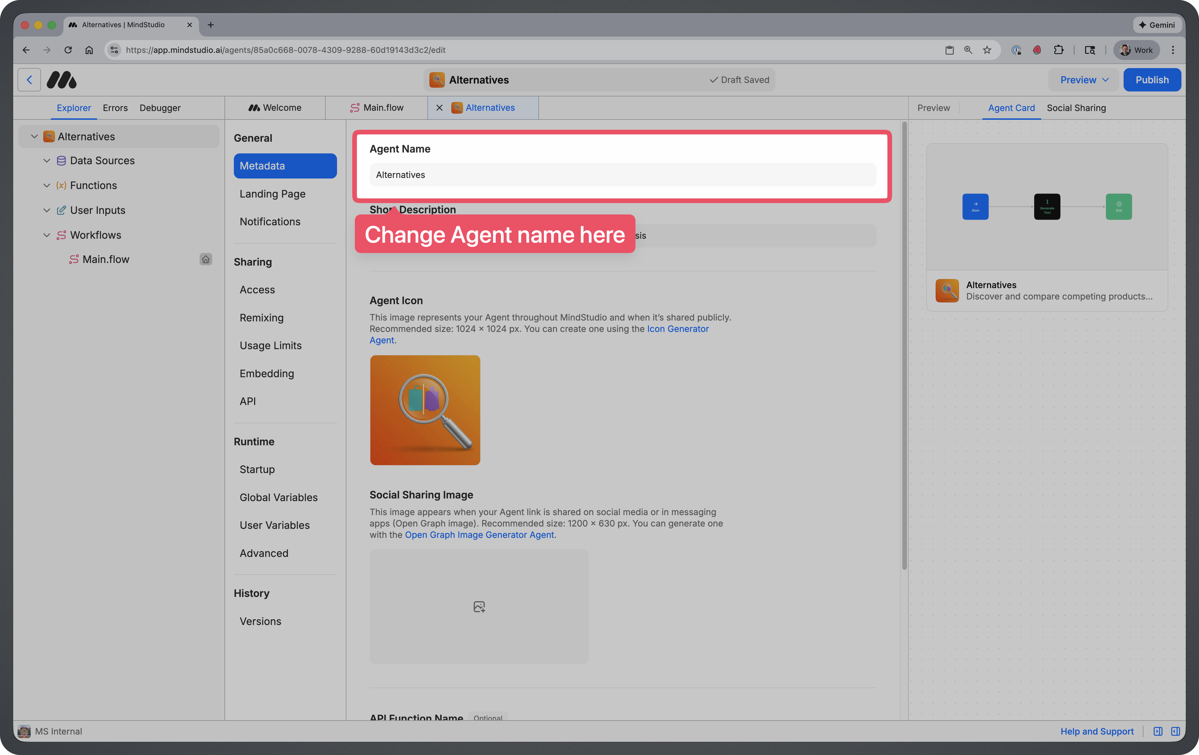 Agent name form field highlighted