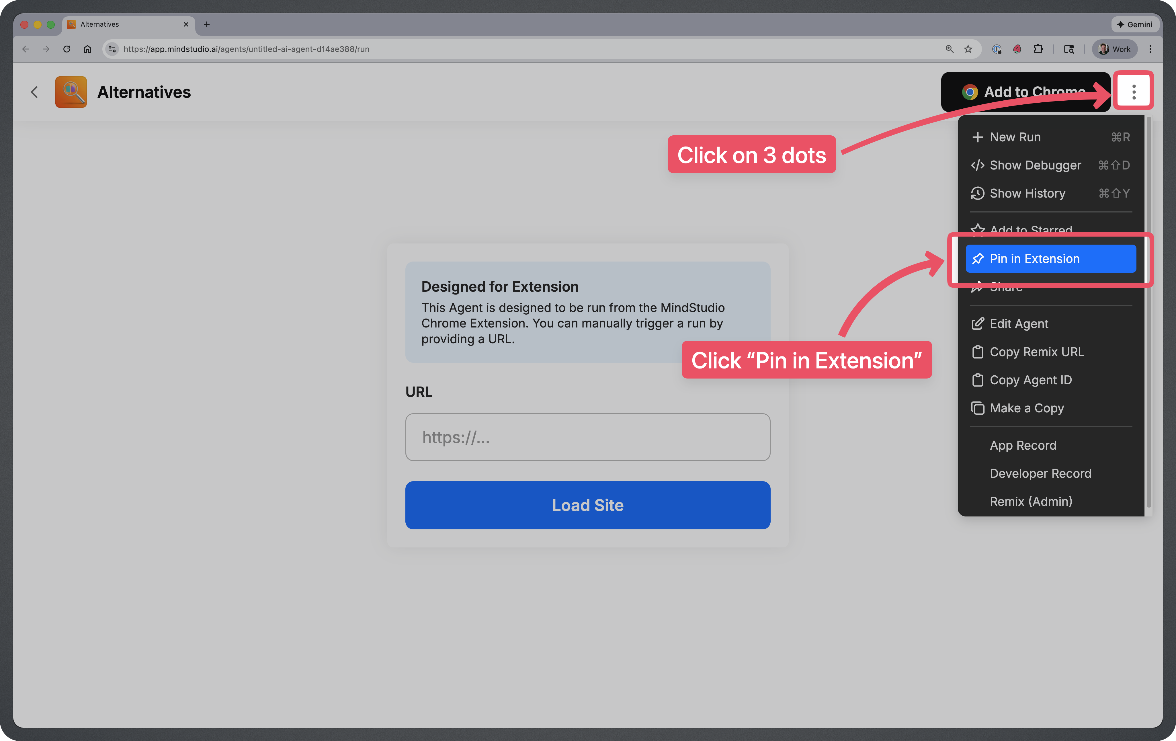 Pin in Extension buttons highlighted