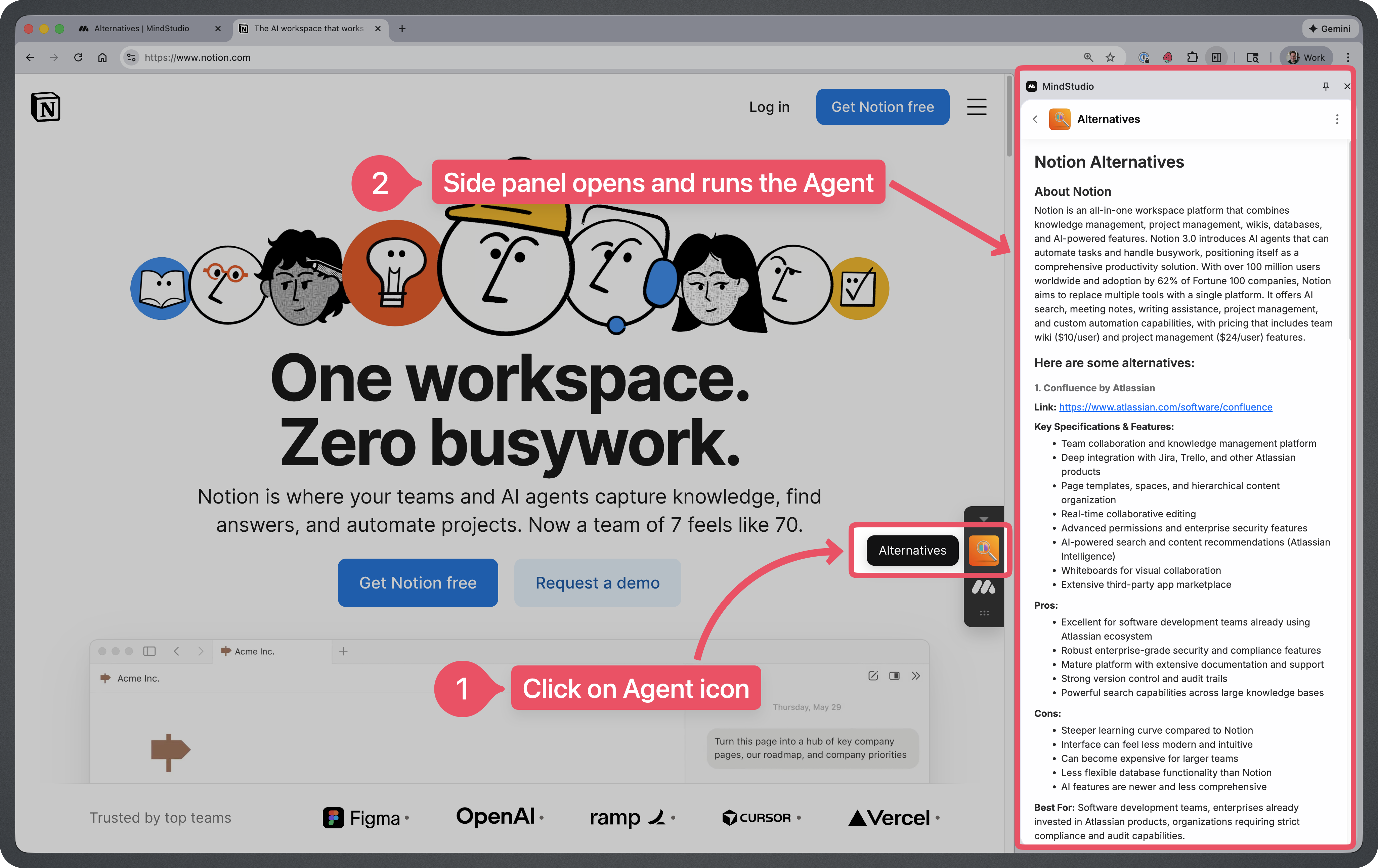Running an Agent and opening the MindStudio Chrome Extension side panel 