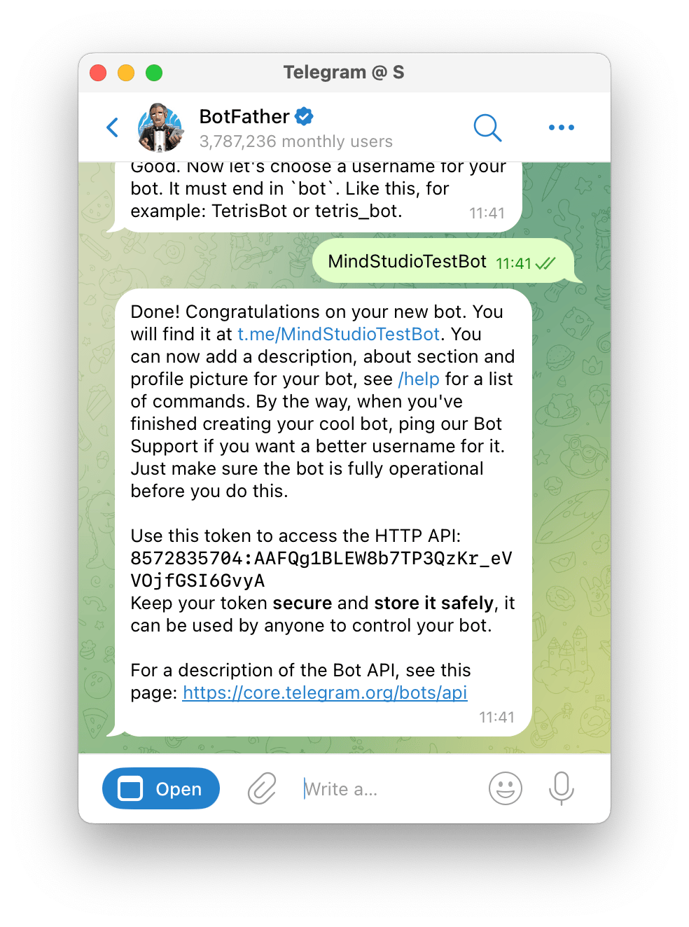 Telegram Bot is registered