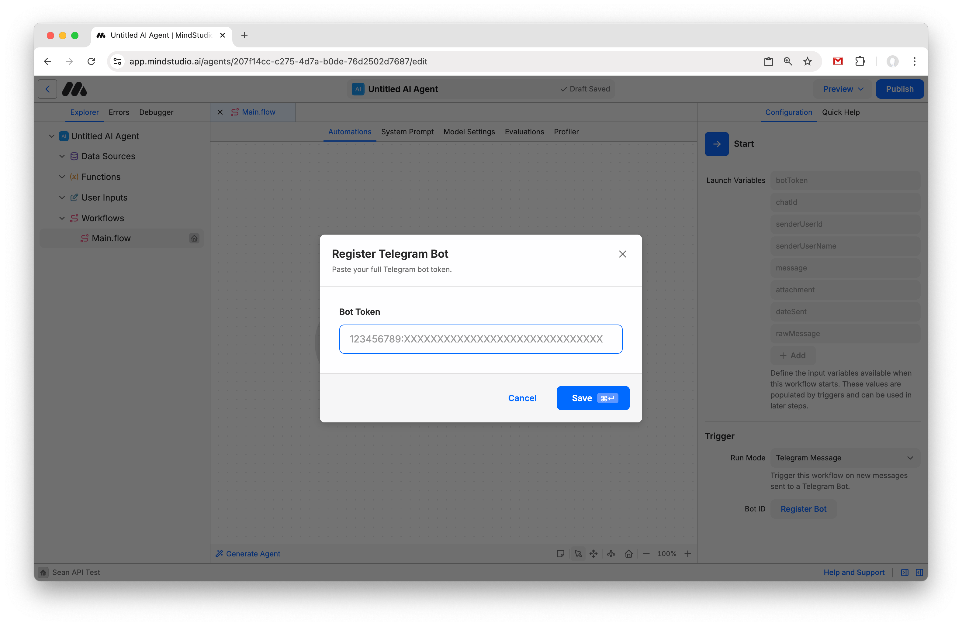 Register the Telegram Bot in the MindStudio Agent