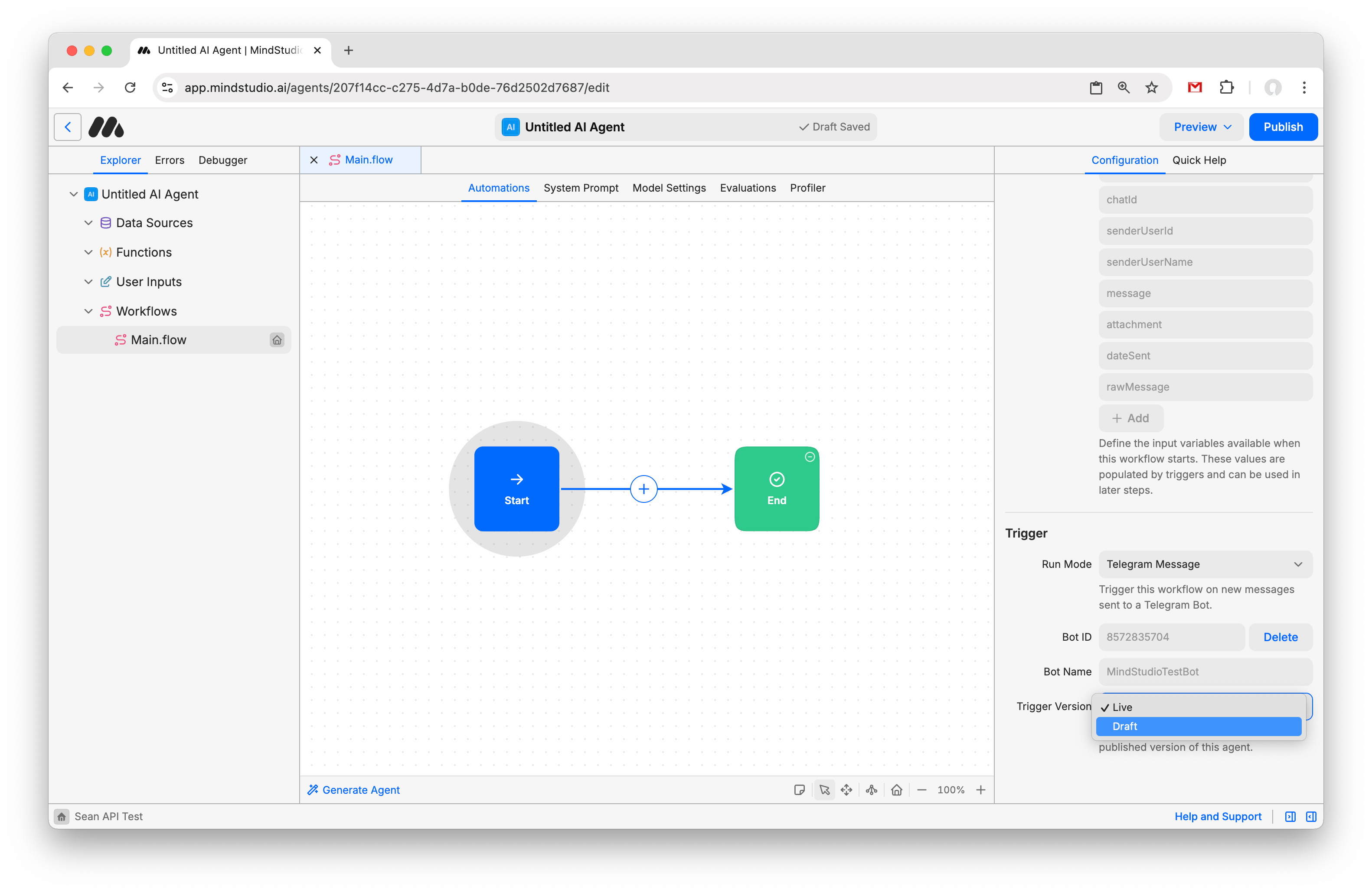Change the trigger version to Draft in the Start block