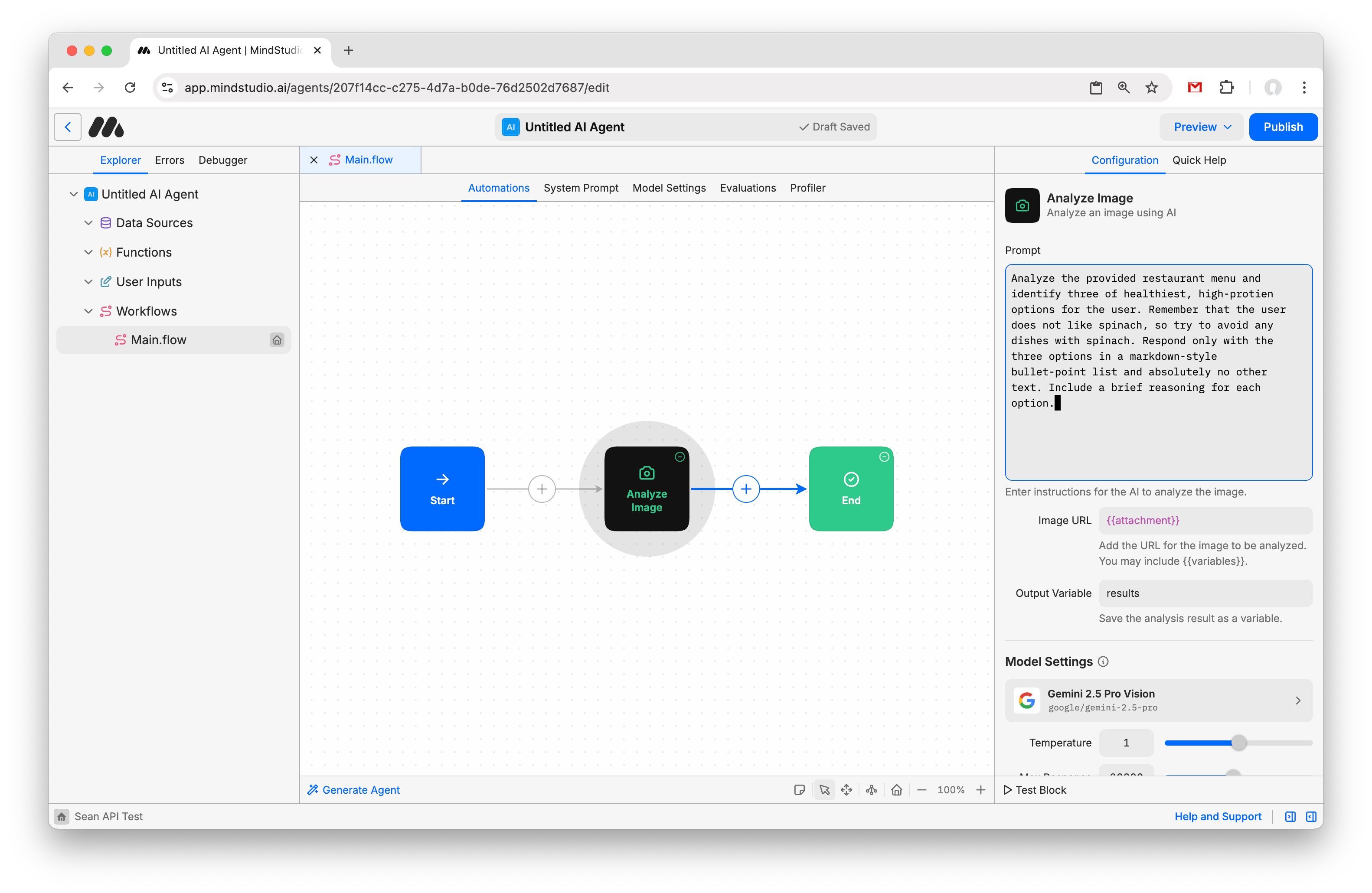 Enter the prompt into the Analyze Image block