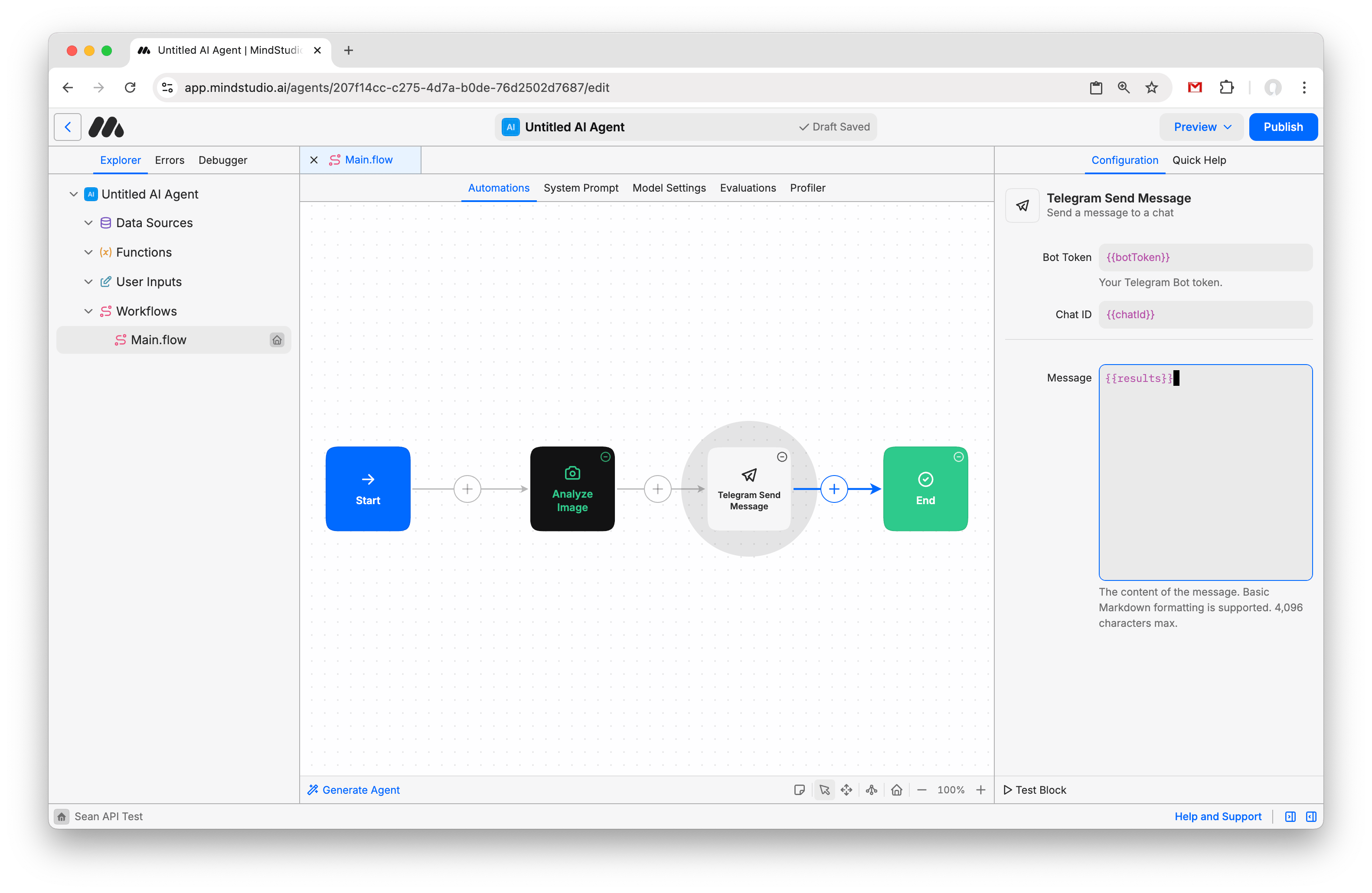 Enter "{{results}}" into the Message setting of the Telegram Send Message block