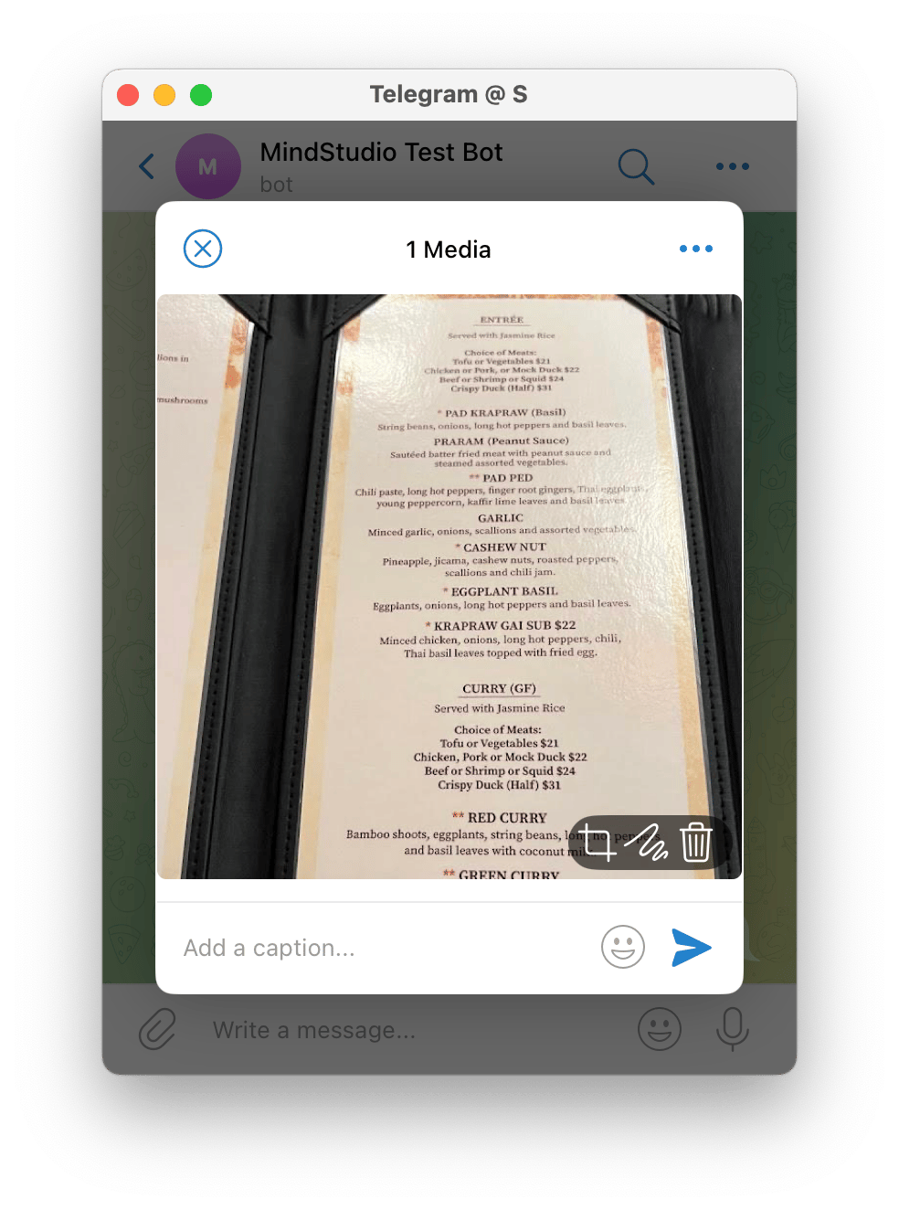 Send the restaurant menu test image to Telegram from a mobile device