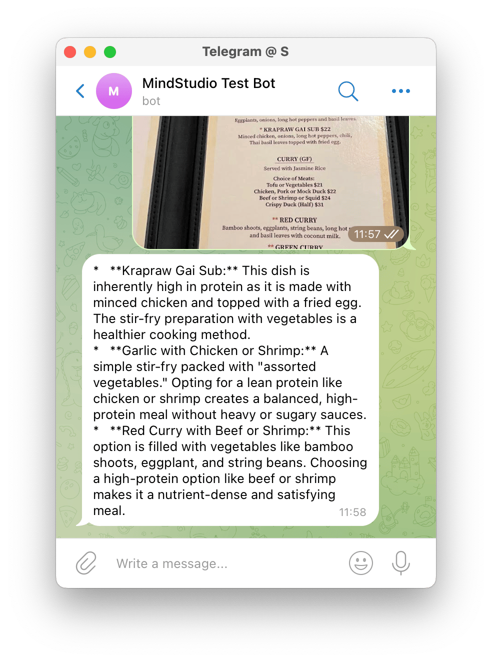 MindStudio analyzed the image, then returns the text analysis to the Telegram Bot