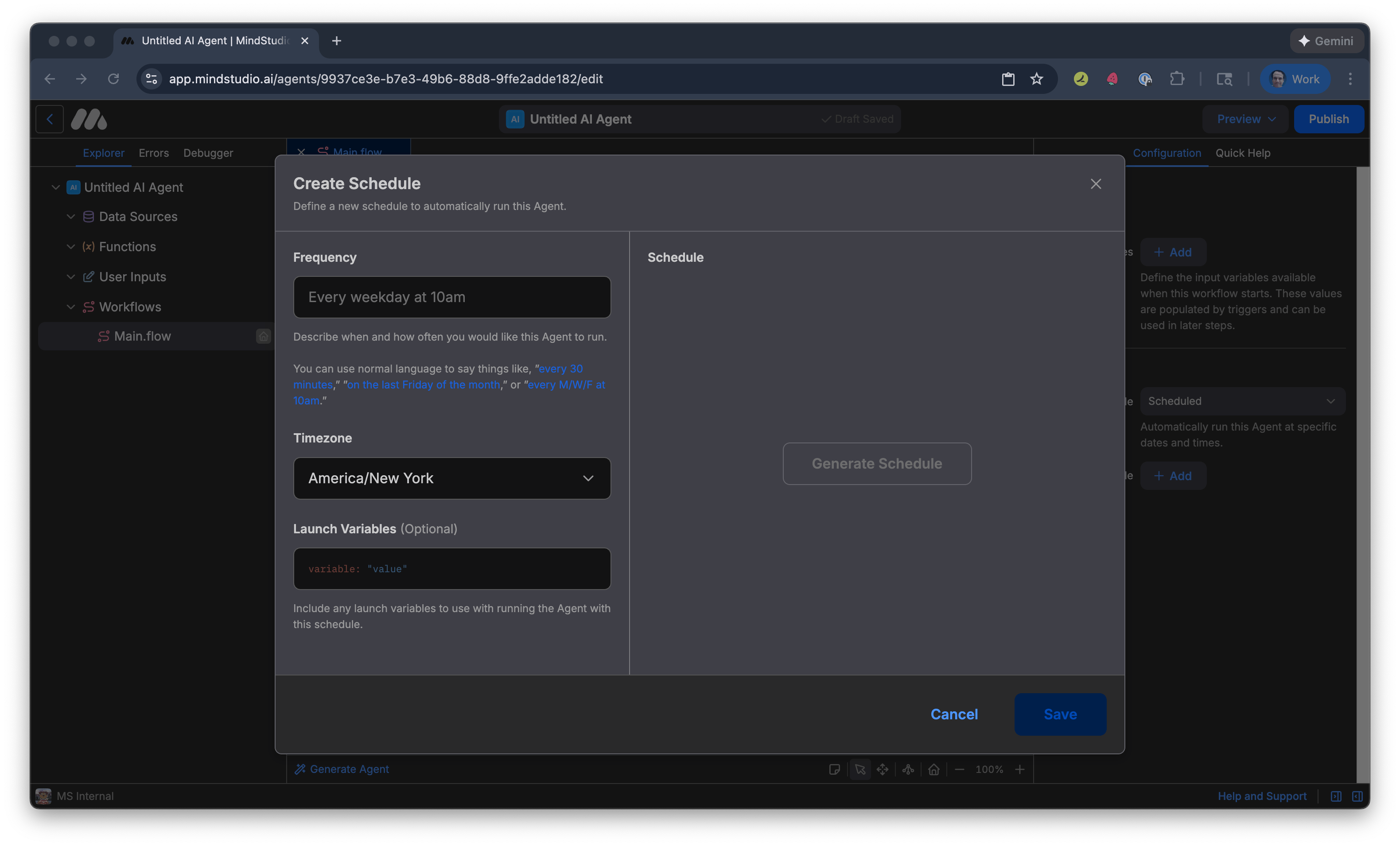 Create Schedule screen to set a schedule in MindStudio