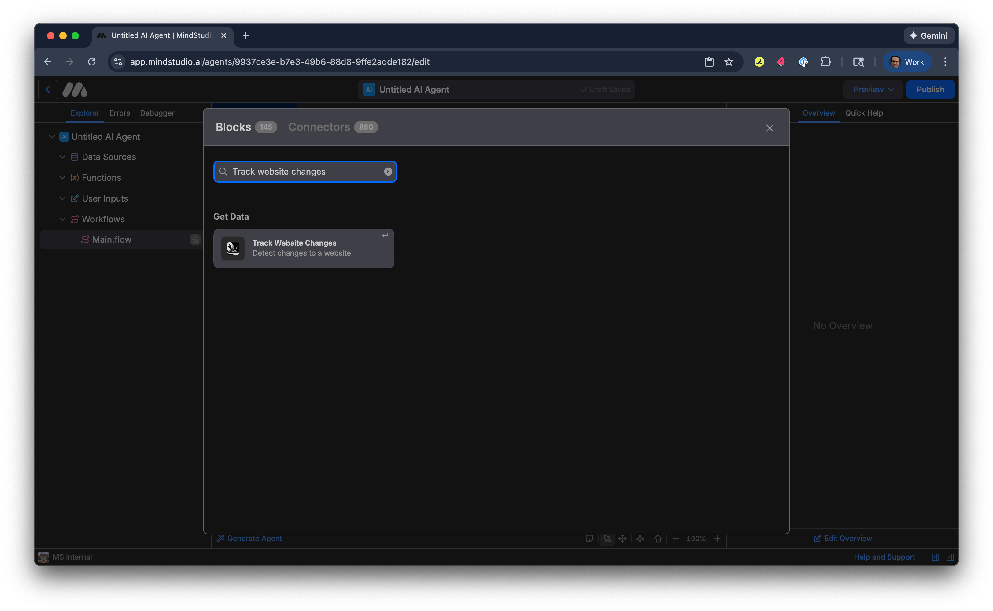 Select the Track Website Changes block in MindStudio