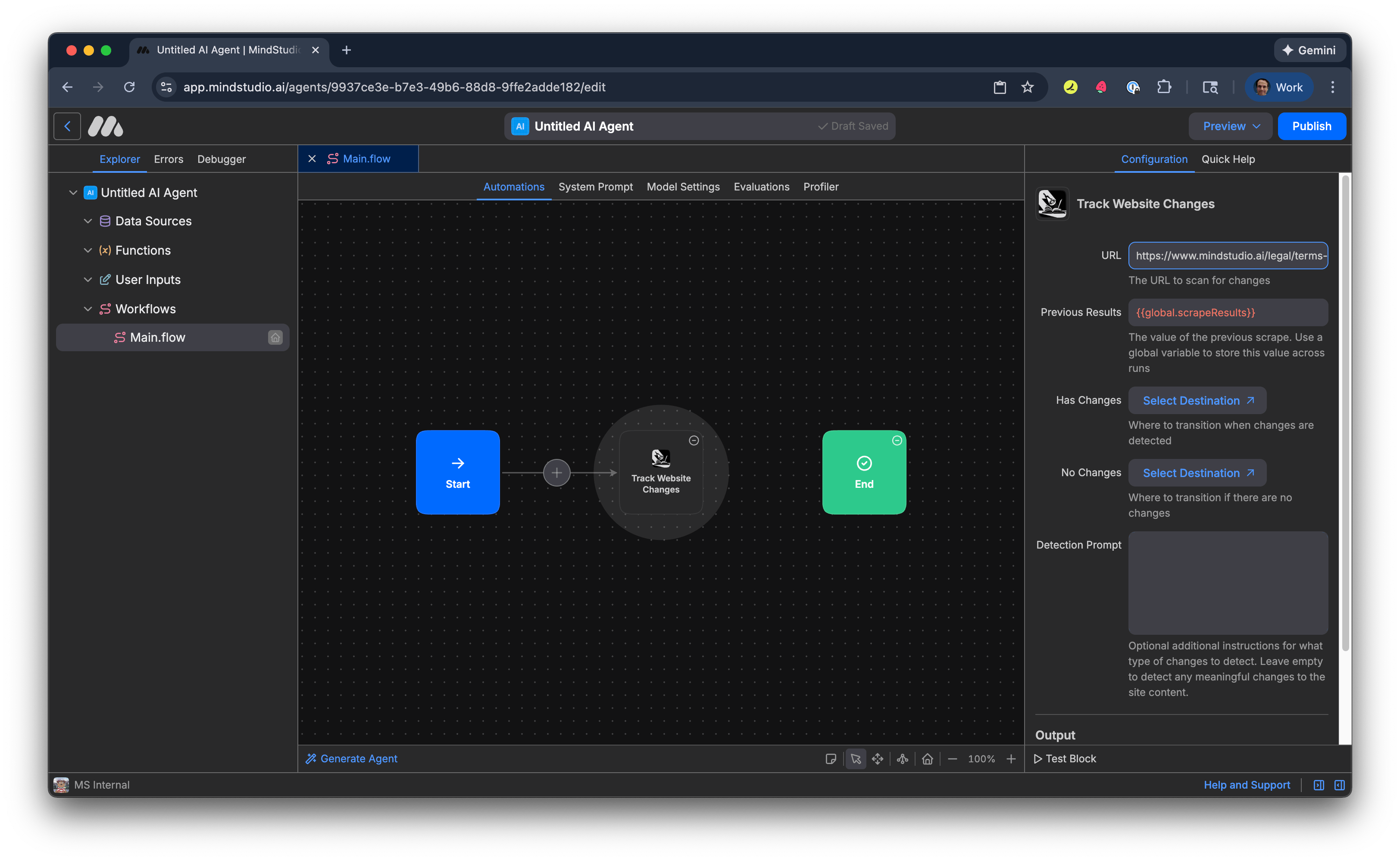 Add a webpage in the URL setting in which to track for changes