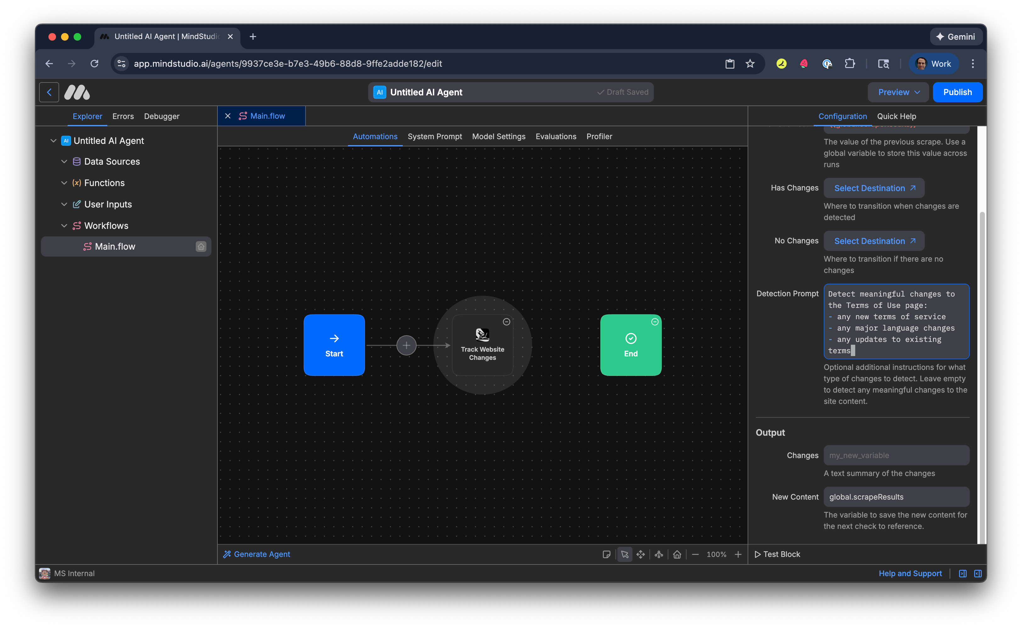 Specify in the Detection Prompt setting what changes to monitor for on the webpage
