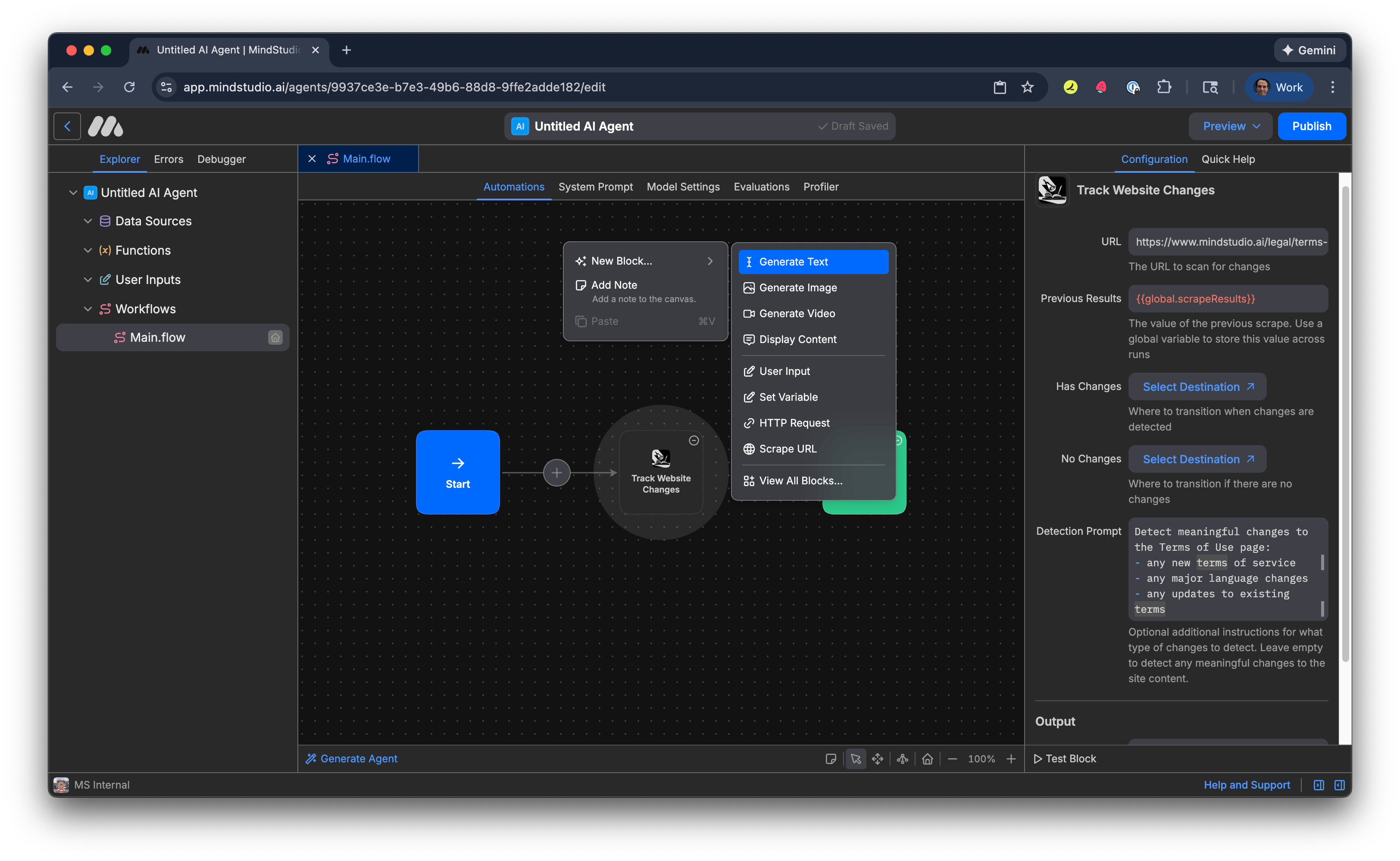 Add a Generate Text block to the MindStudio Automation Canvas
