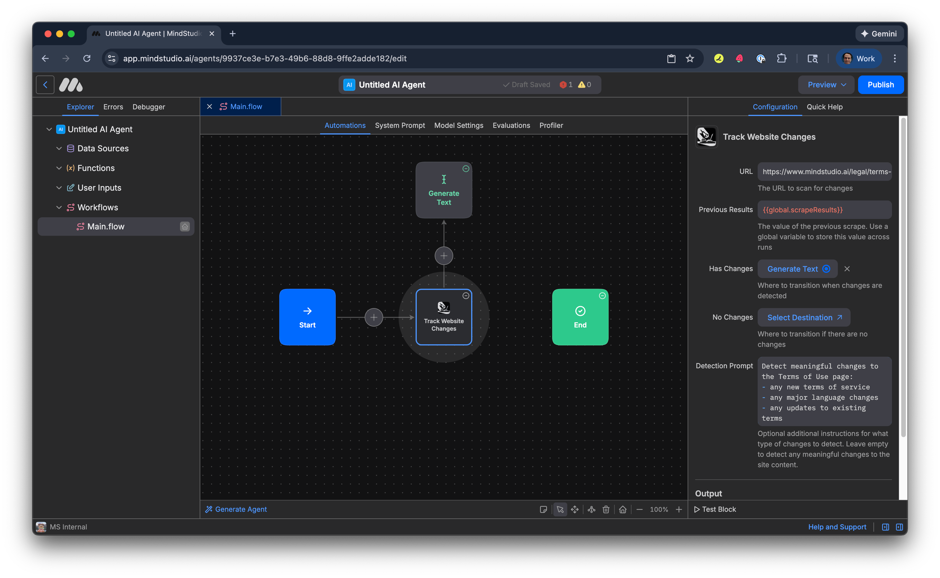 Select the Generate Text block to transition to if there are webpage changess