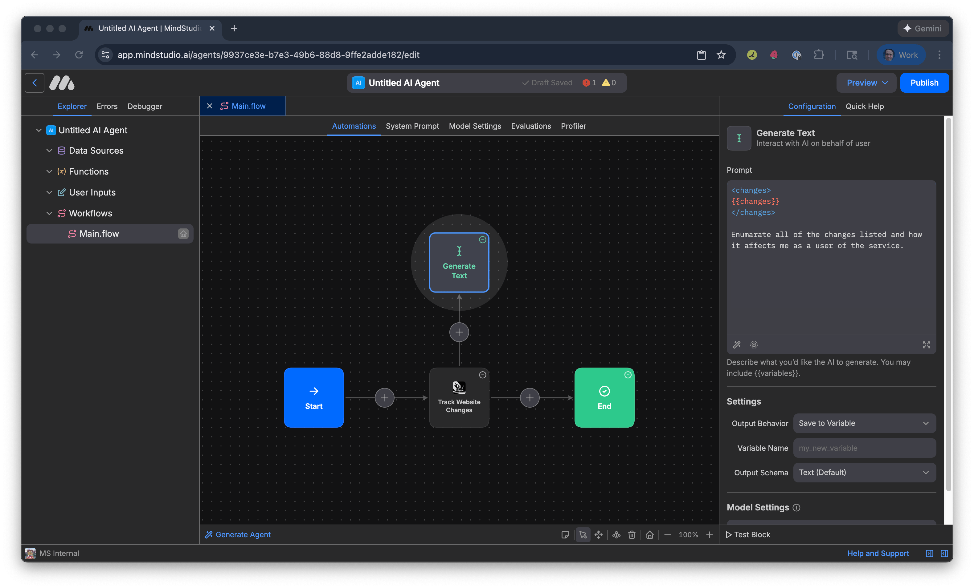 Specify an output variable for the webpage summary changes