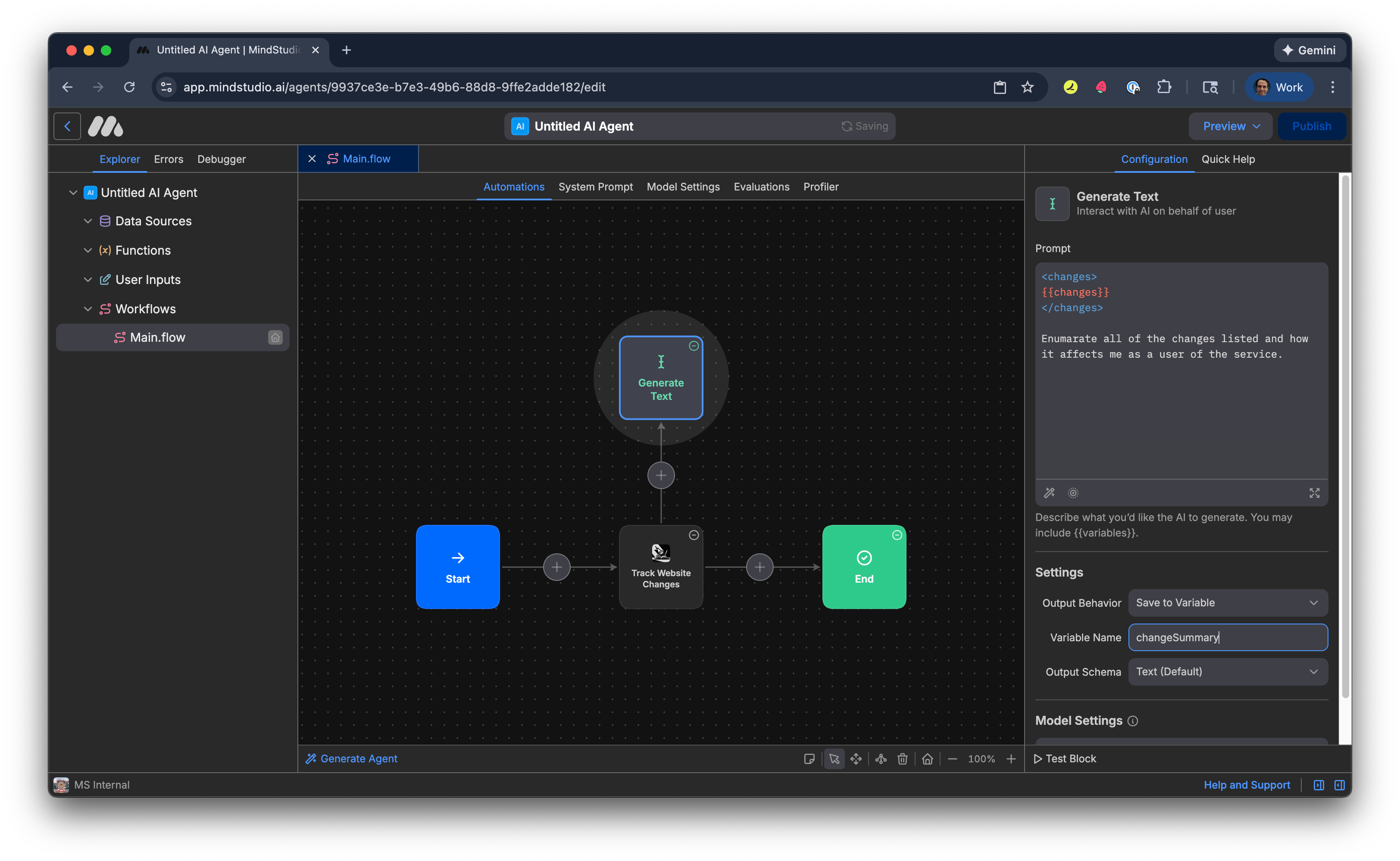Specify the output Variable Name setting to changeSummary to store the summary of webpage changes