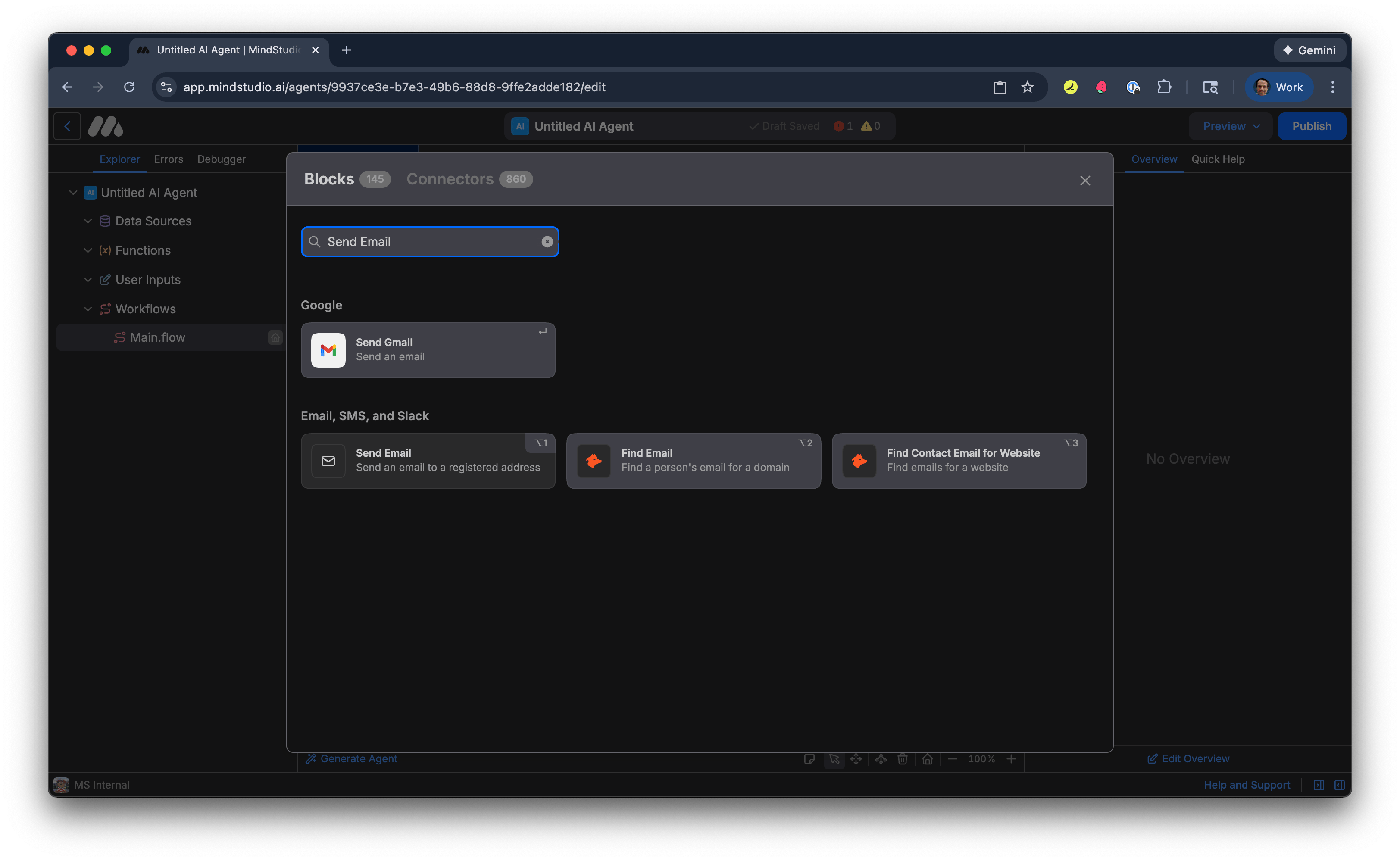 Search for the Send Email block in MindStudio