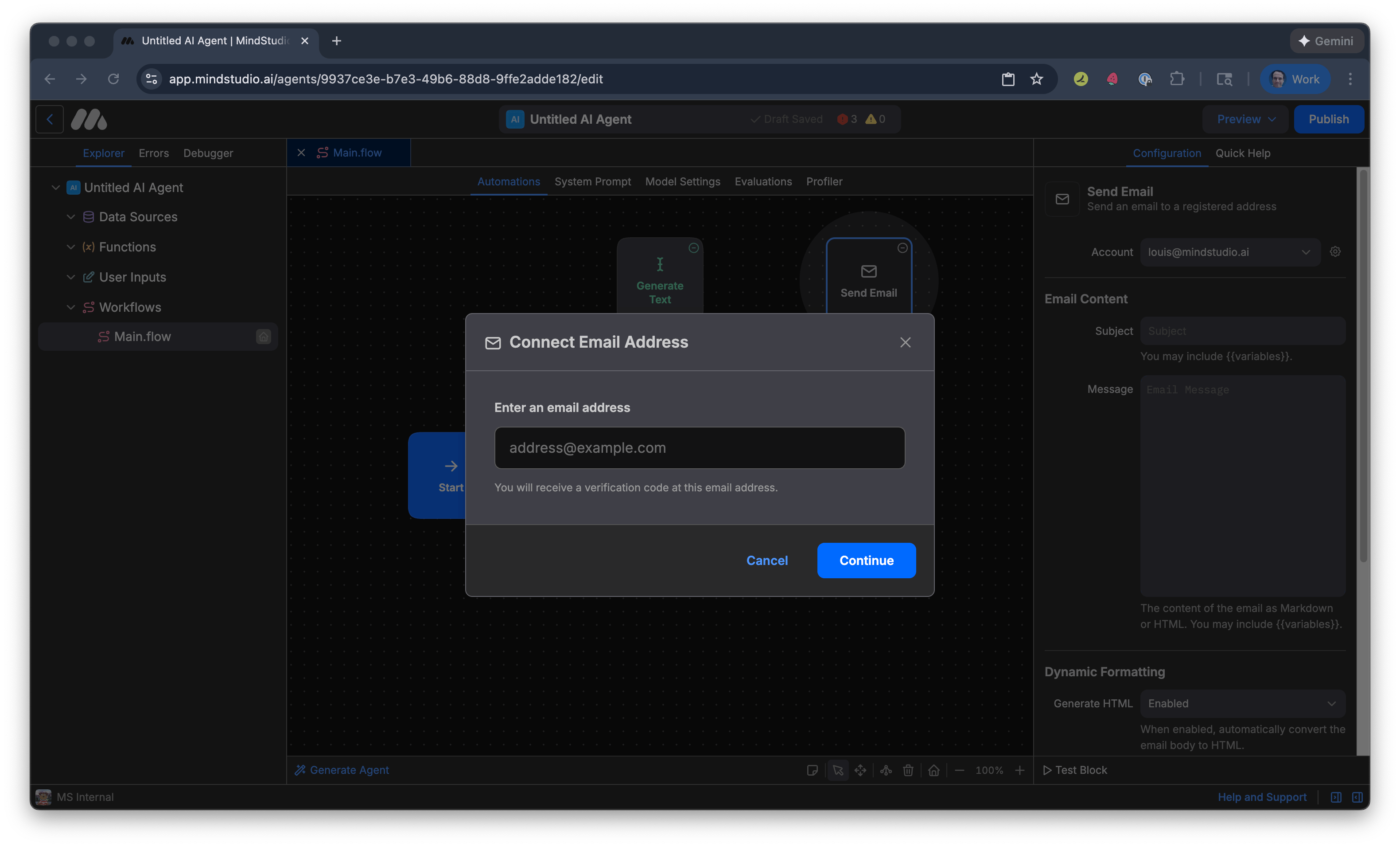 Connect your email account to the Send Email block in MindStudio