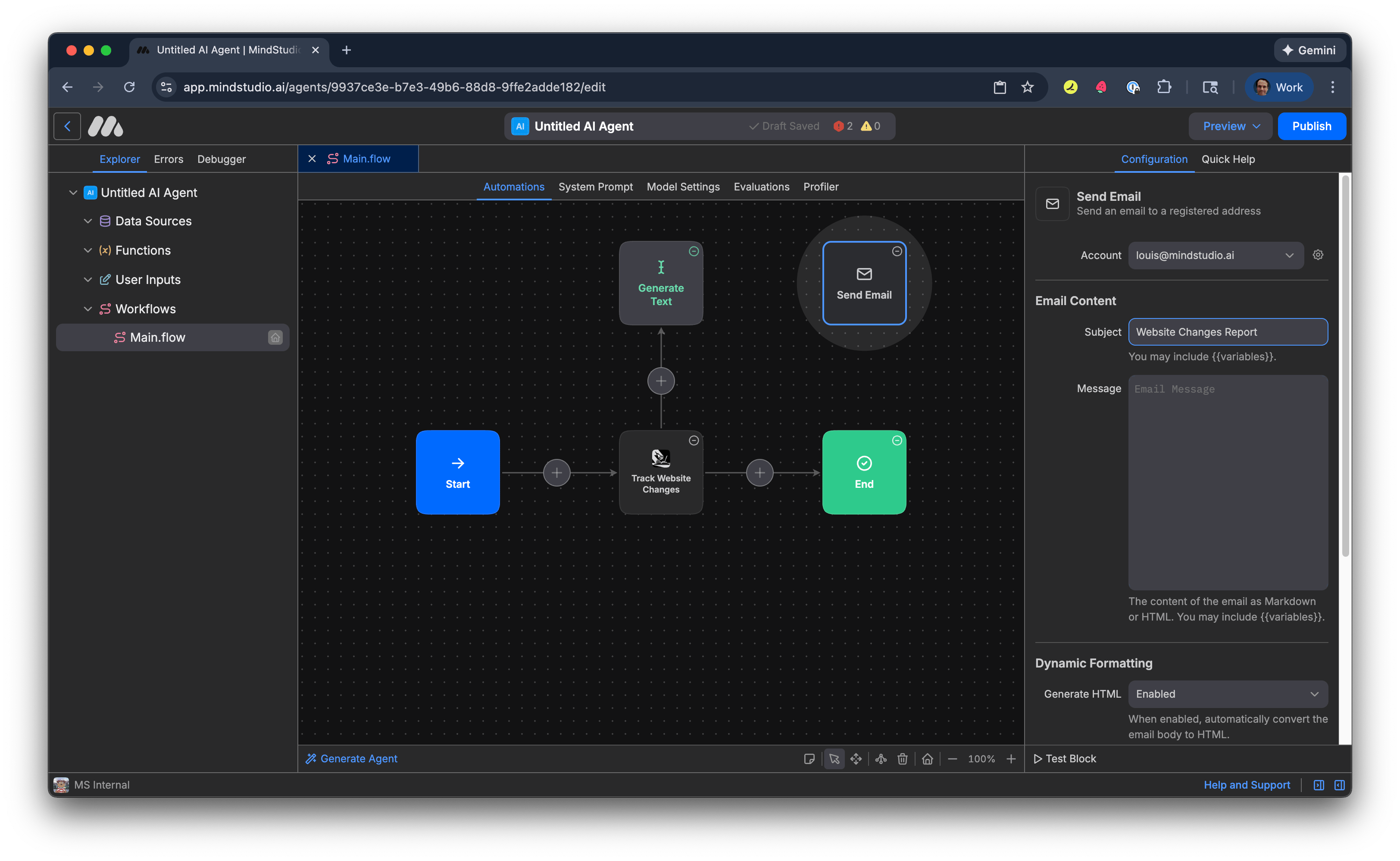 Add a subject in the Subject setting in the Send Email block for when webpage changes occur