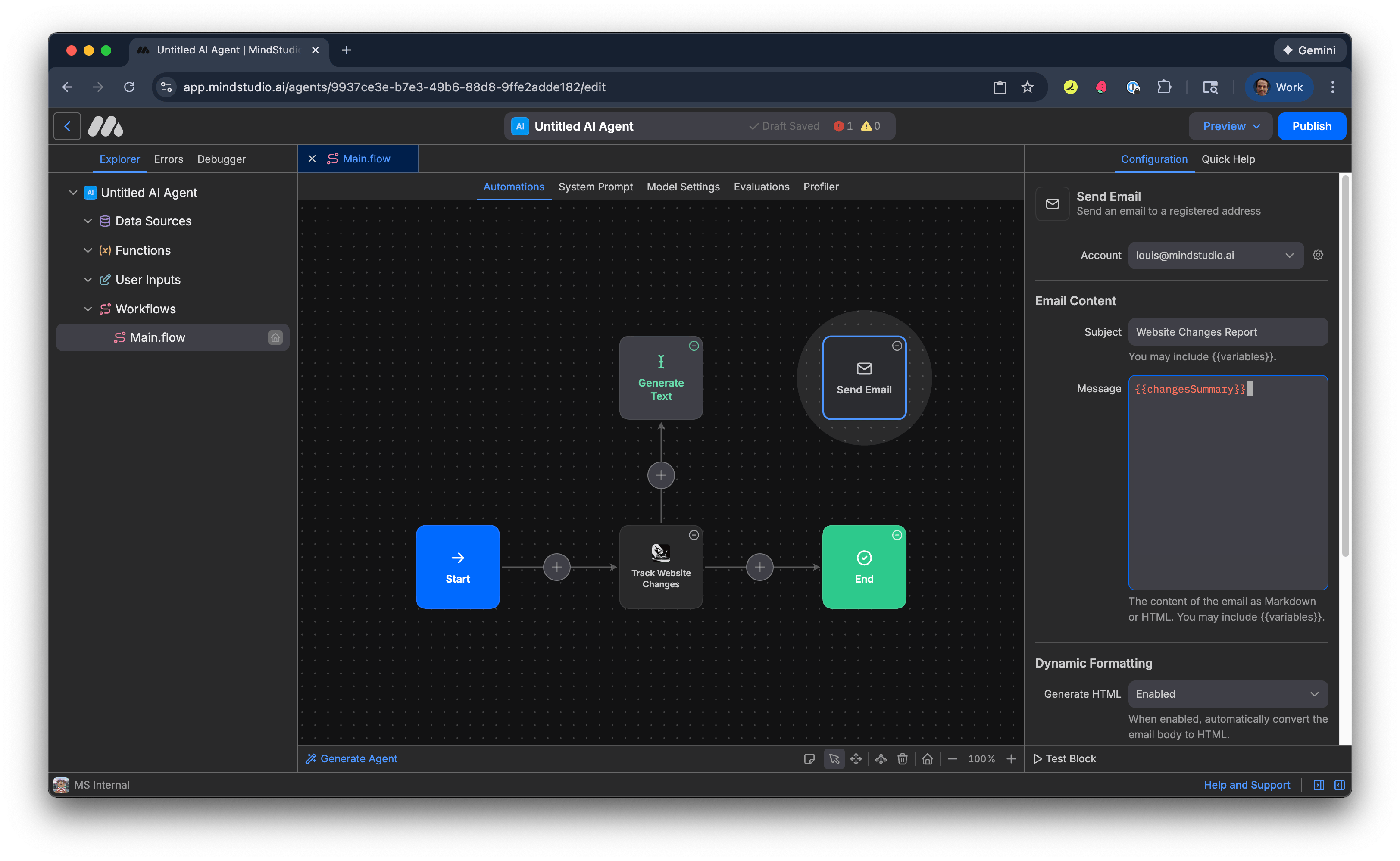 Add {{changeSummary}} to the Message setting in the Send Email block