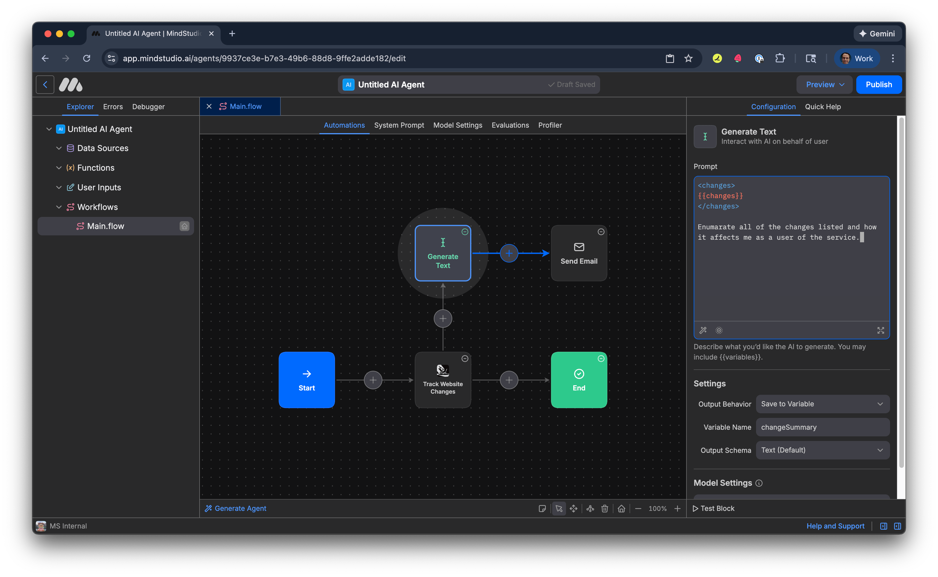 Connect the Generate Text block to the Send Email block in the MindStudio Automation Canvas