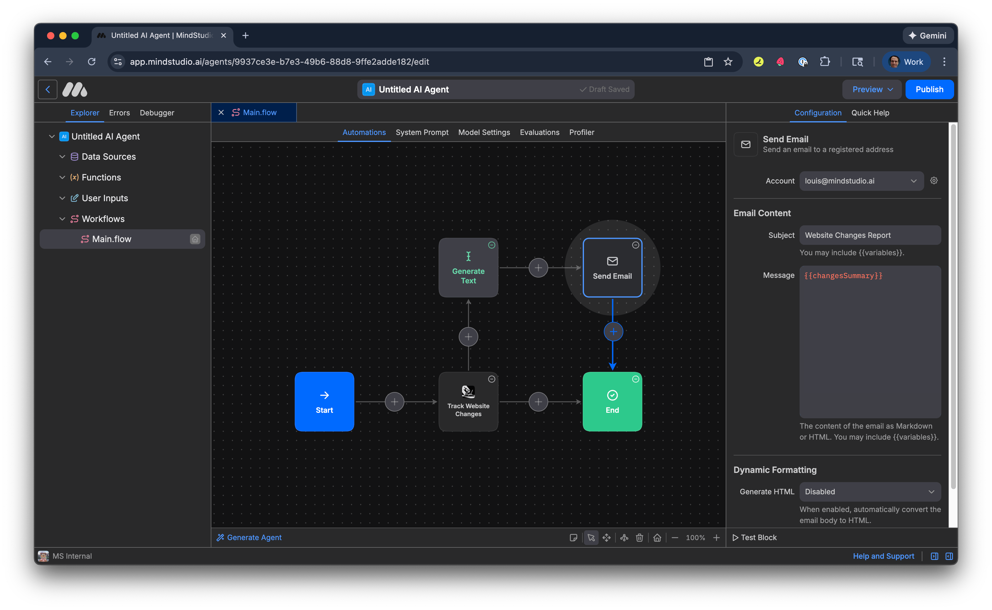 Connect the Send Email block to the End block in the MindStudio Automation Canvas