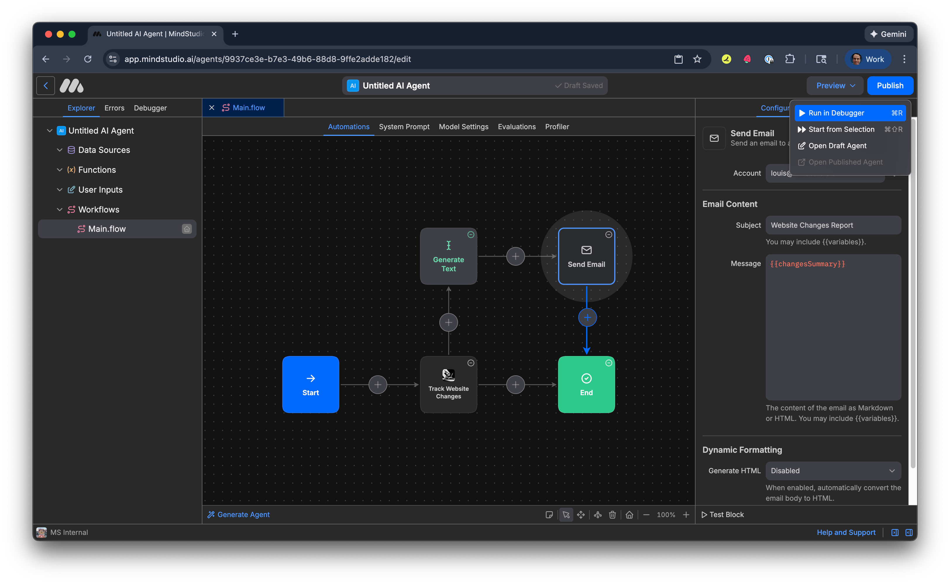 Run the MindStudio AI agent in Debugger
