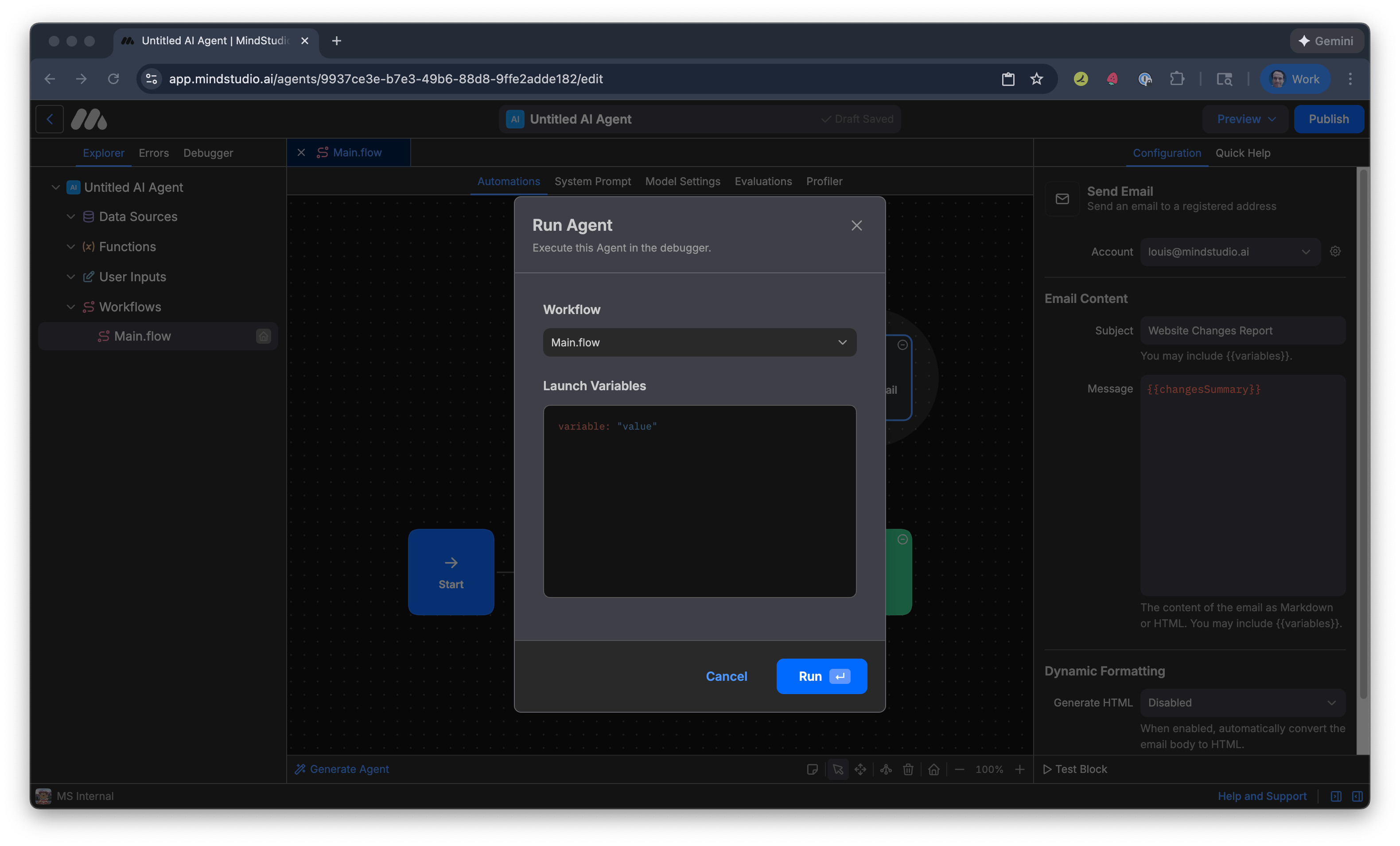Run Agent modal screen is displayed