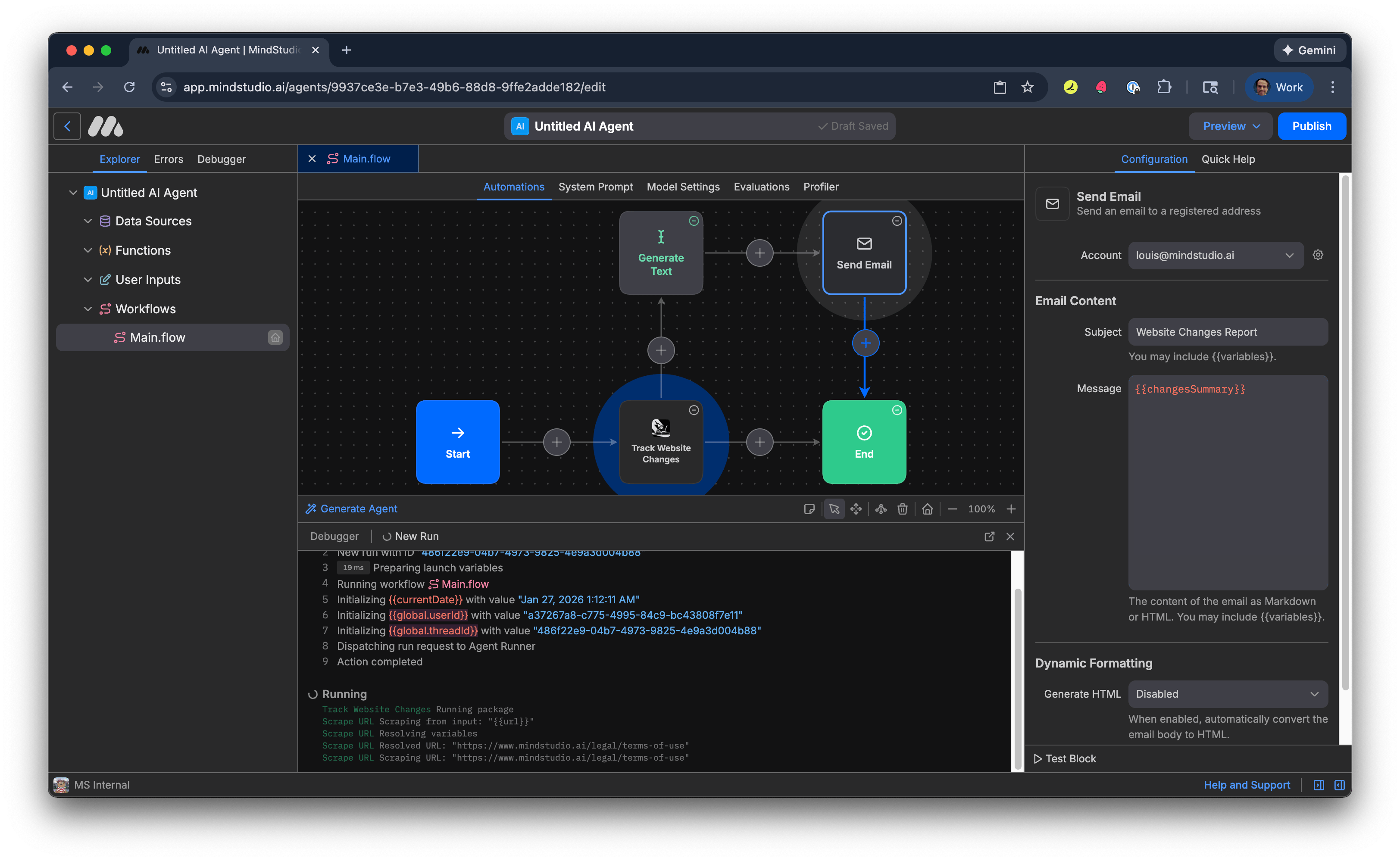 MindStudio AI agent running in Debugger