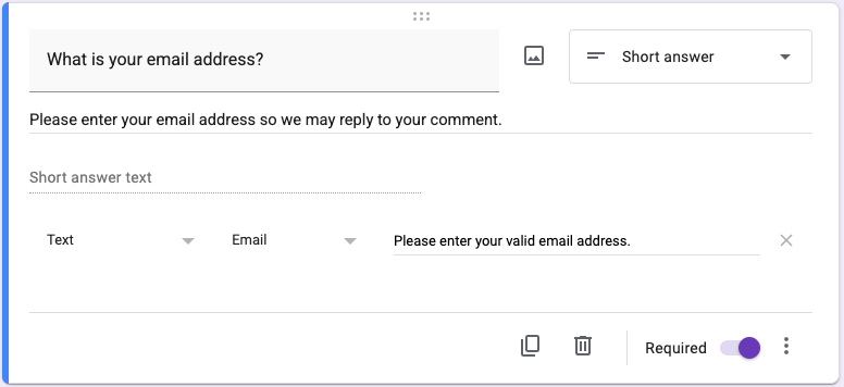 Add a Short answer for the email address