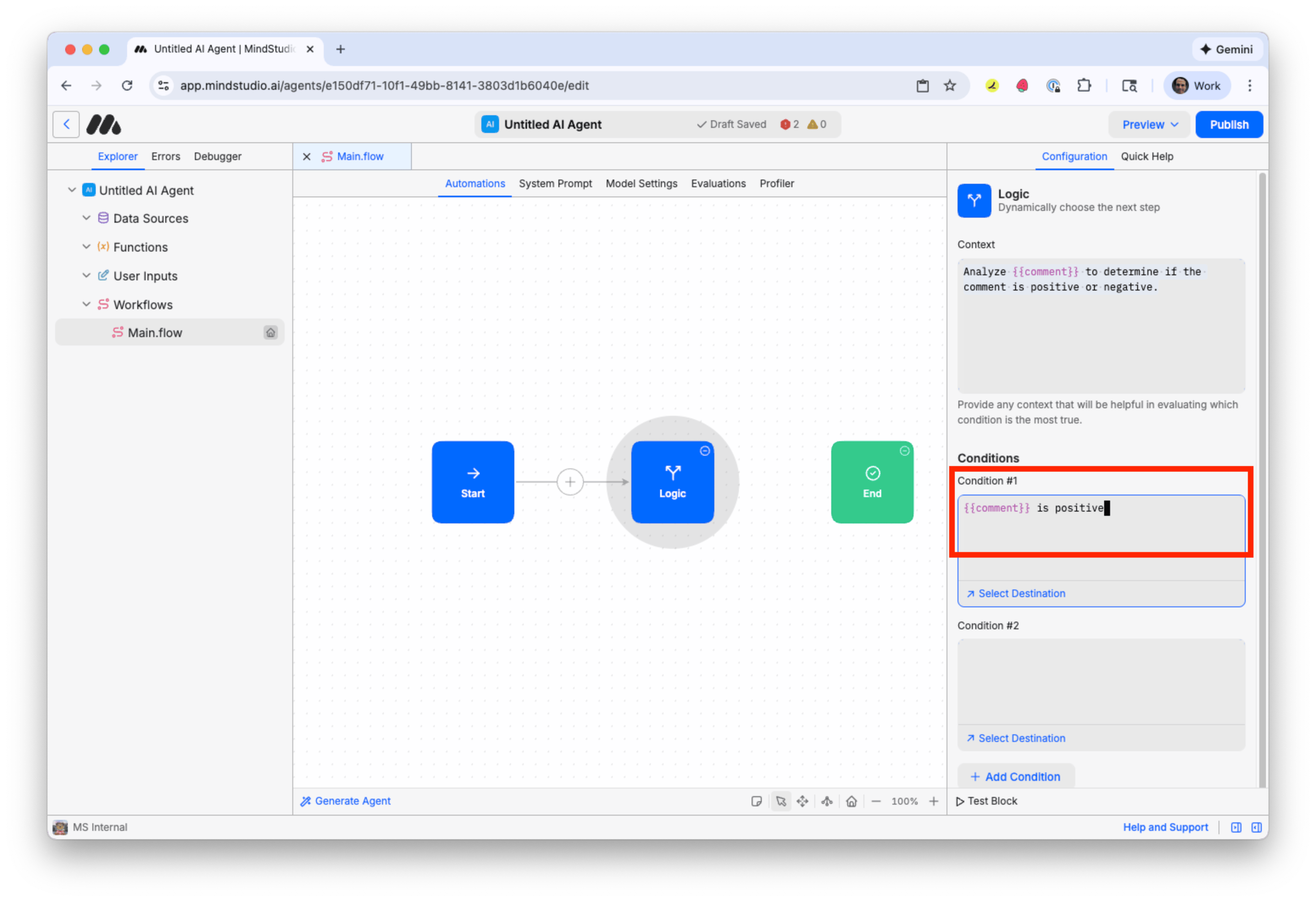 Specify condition 1 in the Logic block