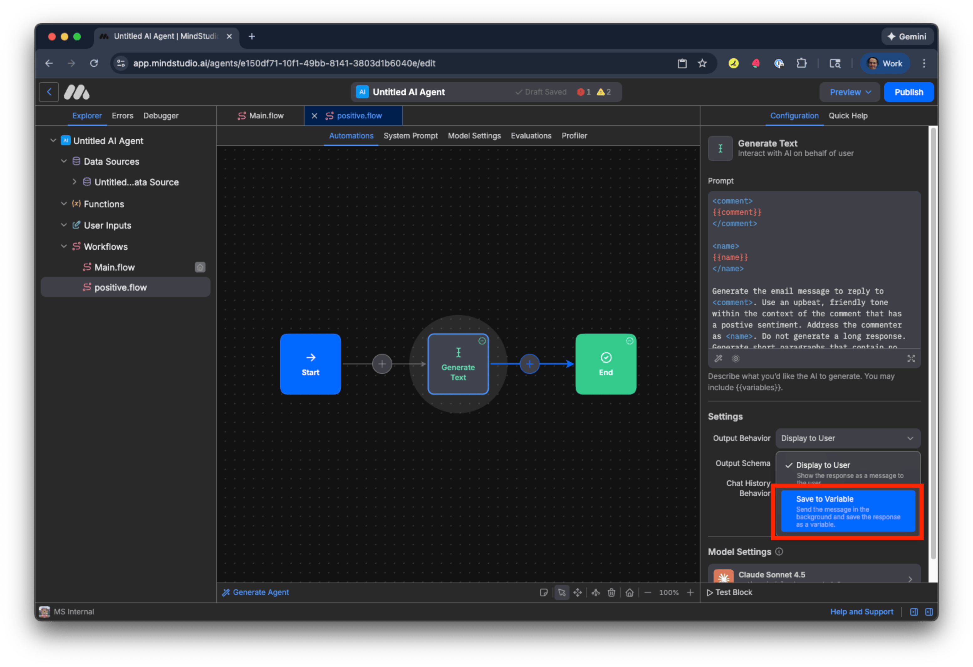 Save the output for the "Generate Text" block to a variable