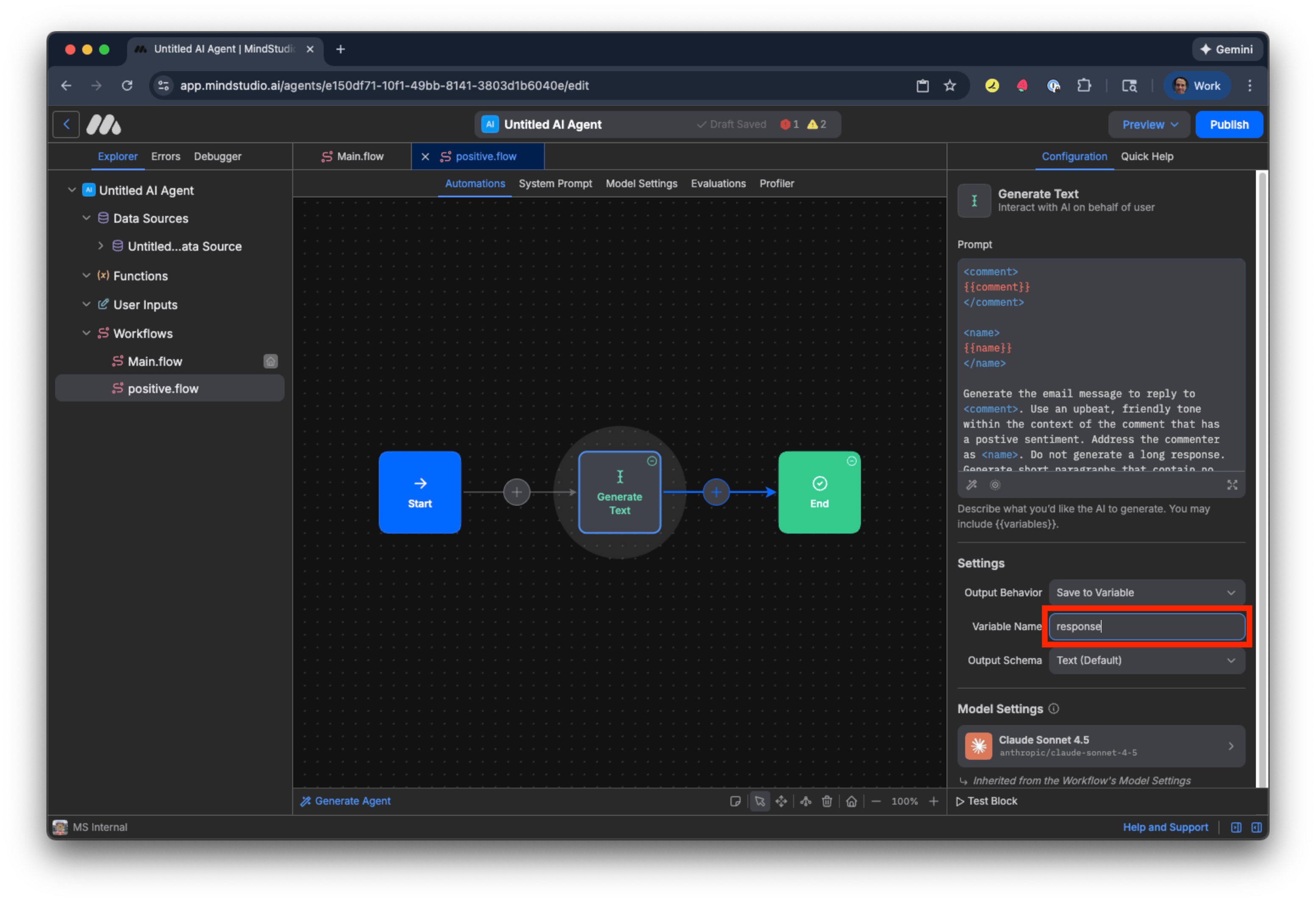 Save the variable output as "response"