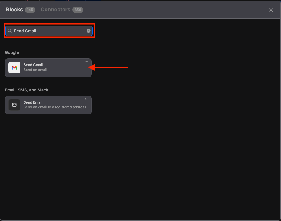 Search for the "Send Gmail" block in MindStudio
