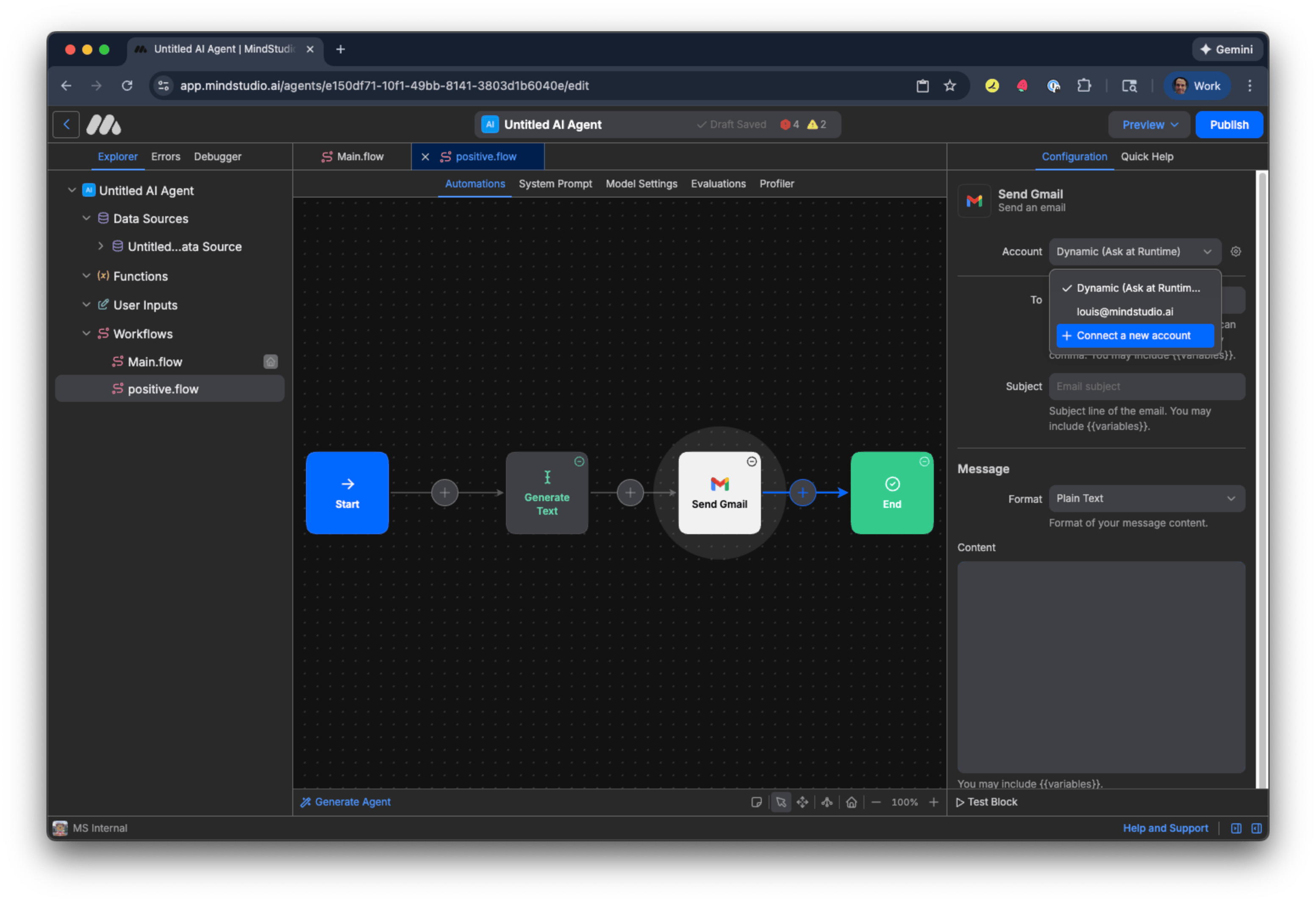 Connect a new account for the "Send Gmail" block