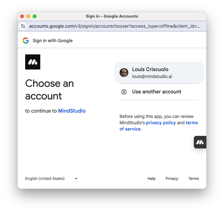 Select your email account to grant access