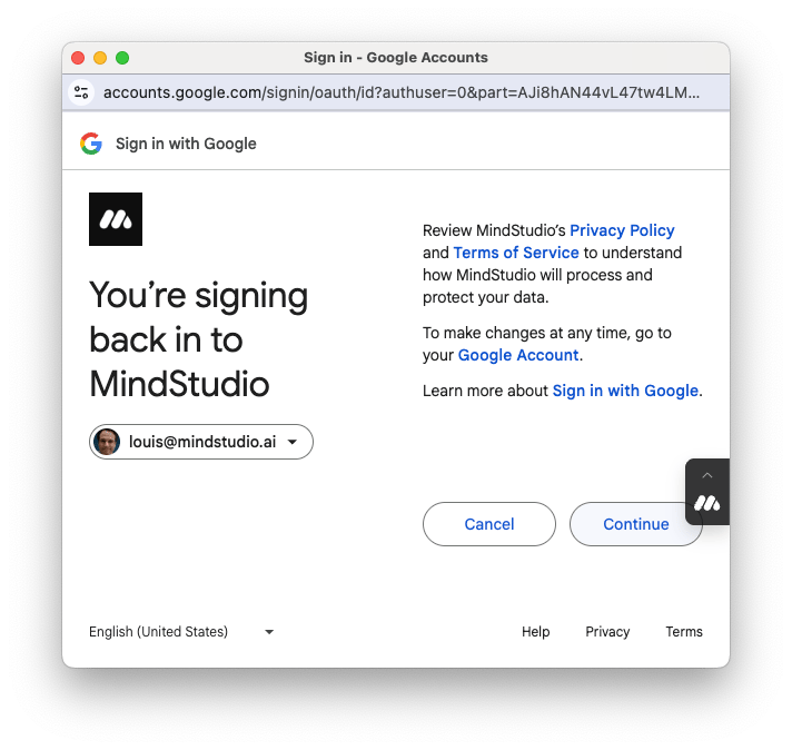 Click "Continue" to sign back in to MindStudio