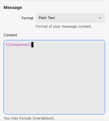 Add {{response}} to the "Content" setting in the "Send Gmail" block
