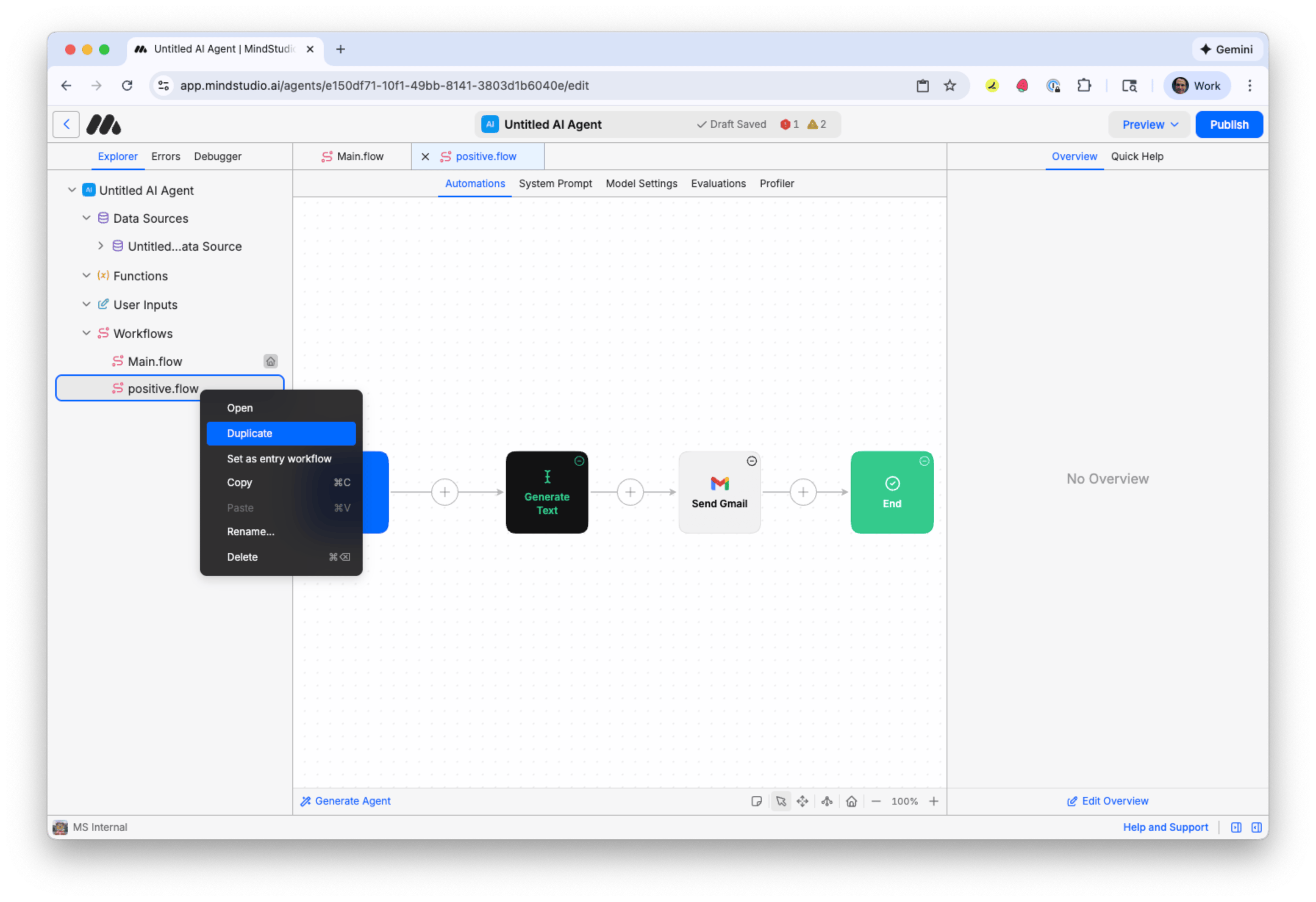Duplicate the positive.flow workflow in MindStudio