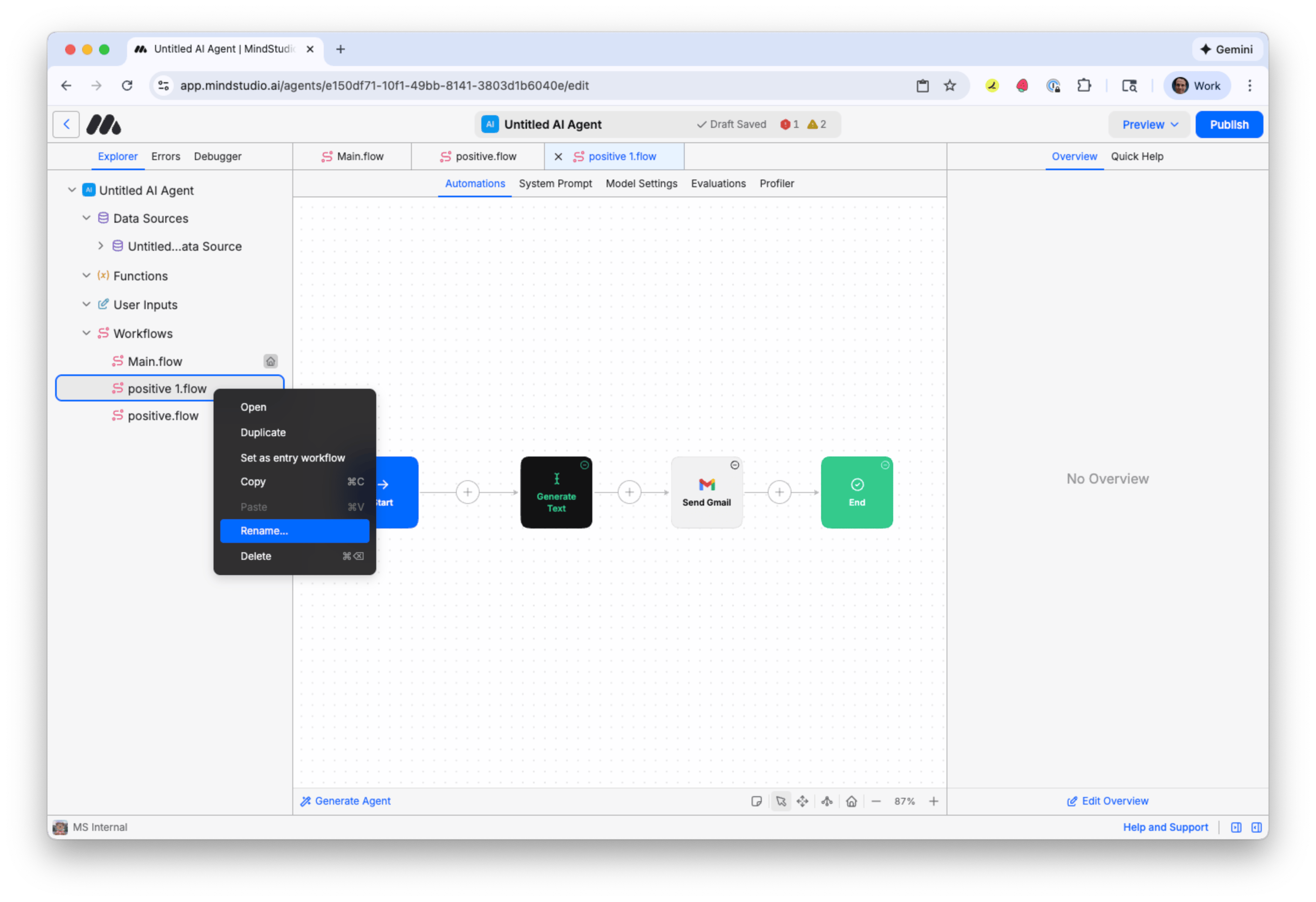 Rename the duplicated workflow to negative in MindStudio