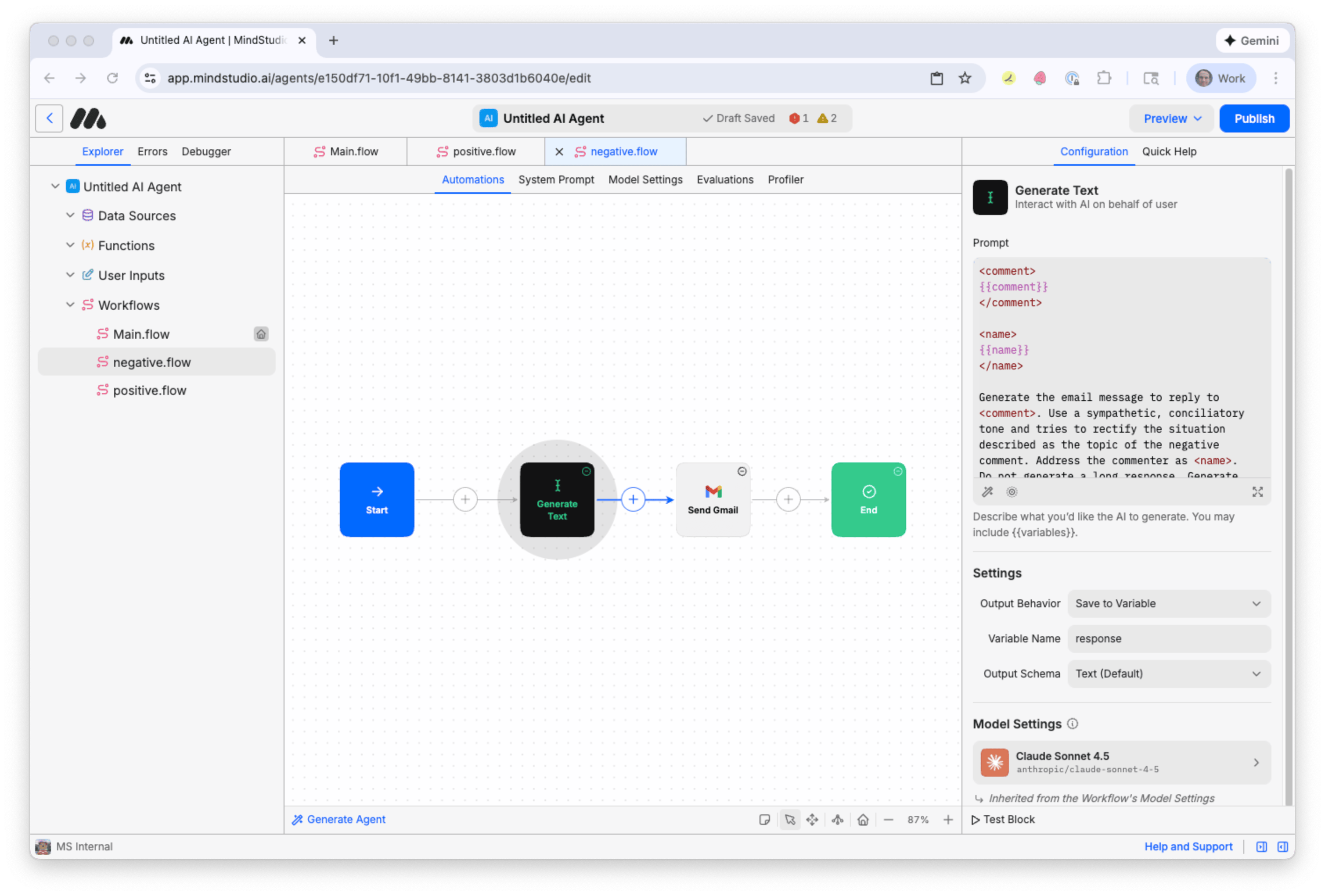 Revise the prompt for the Generate Text block to respond to a negative comment