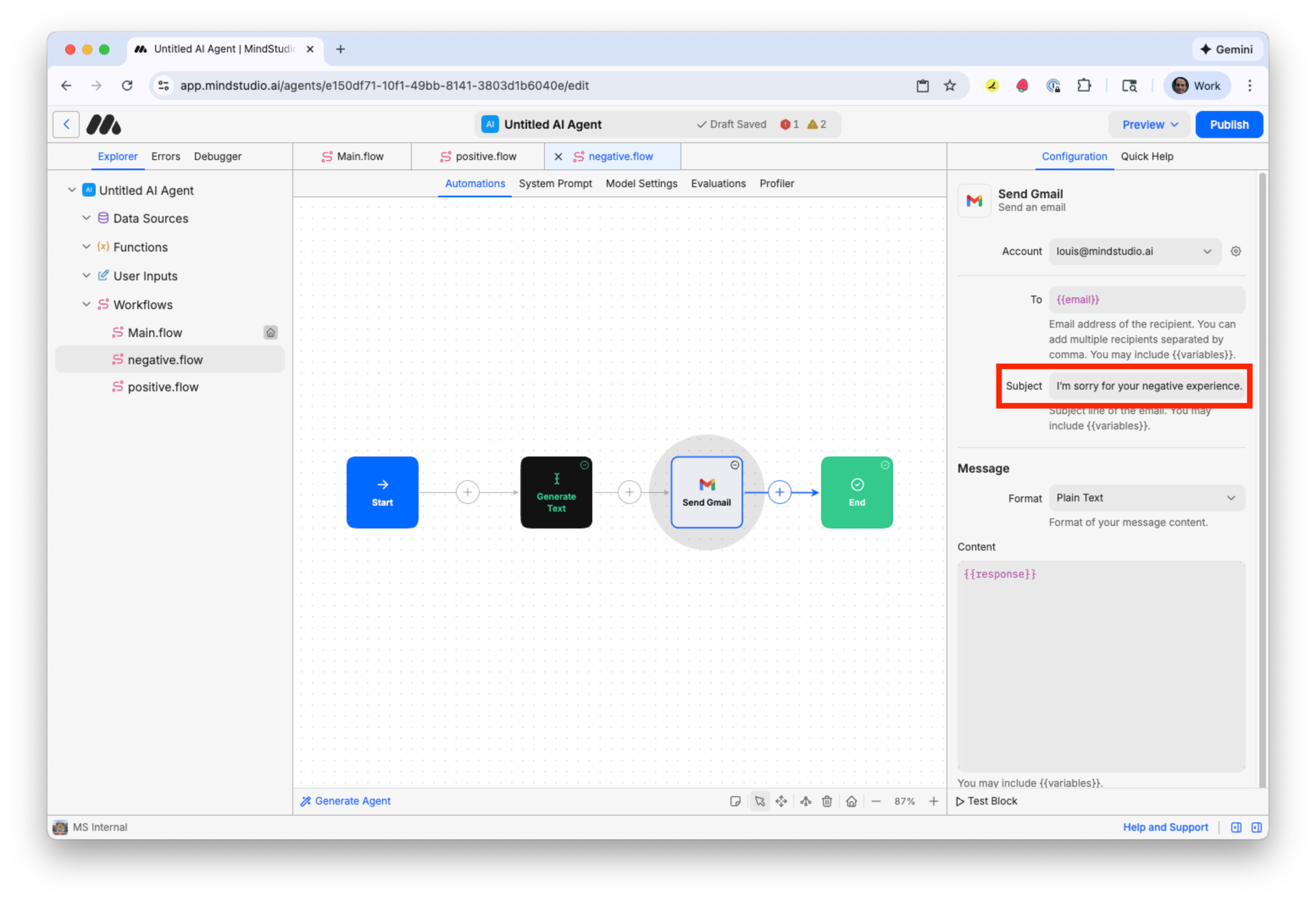 Revise the email subject in the Send Gmail block to respond to a negative comment