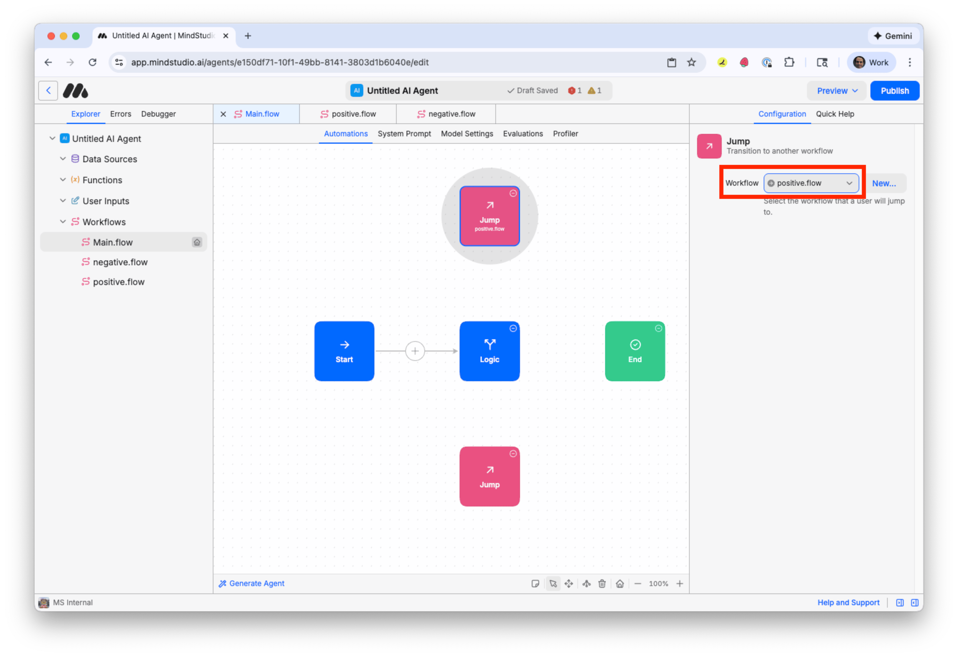 Configure the topmost Jump block to jump to the positive workflow