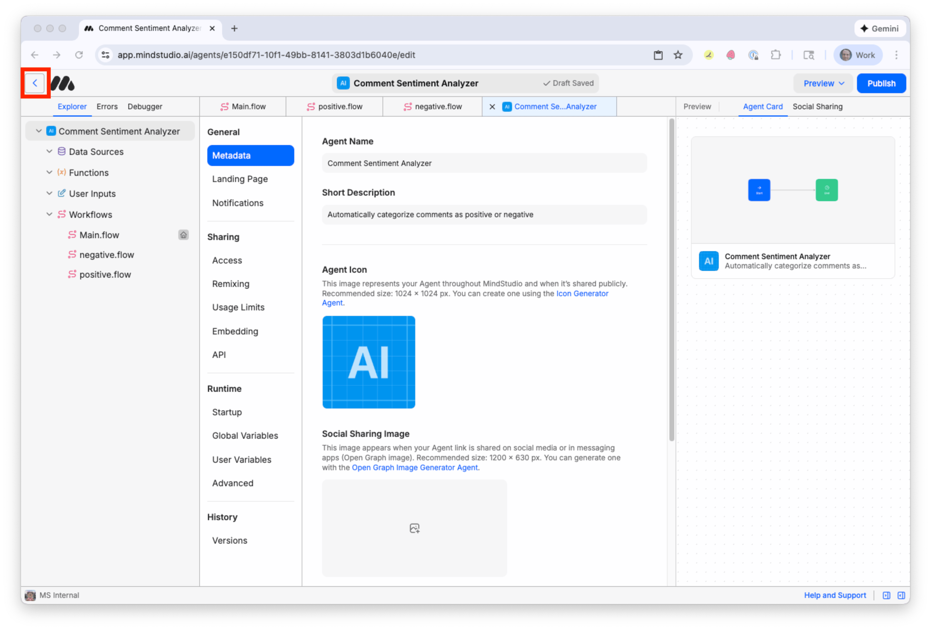 Click the left-pointing arrow beside the MindStudio logo